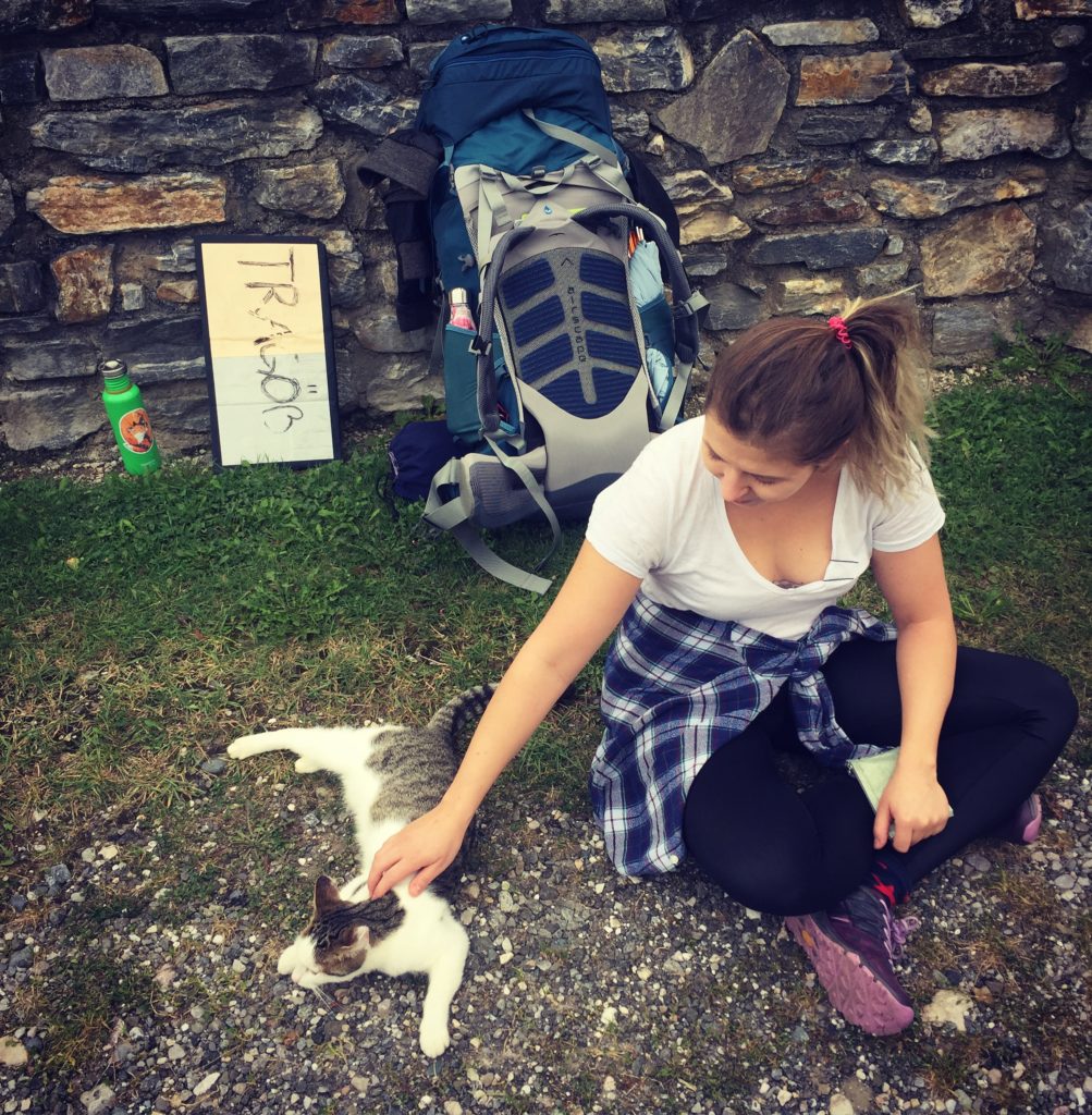 Caroline petting the campsite Kitty