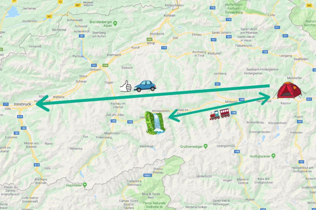 Map showing our complicated journey from Kaprun to Innsbruck via Krimml