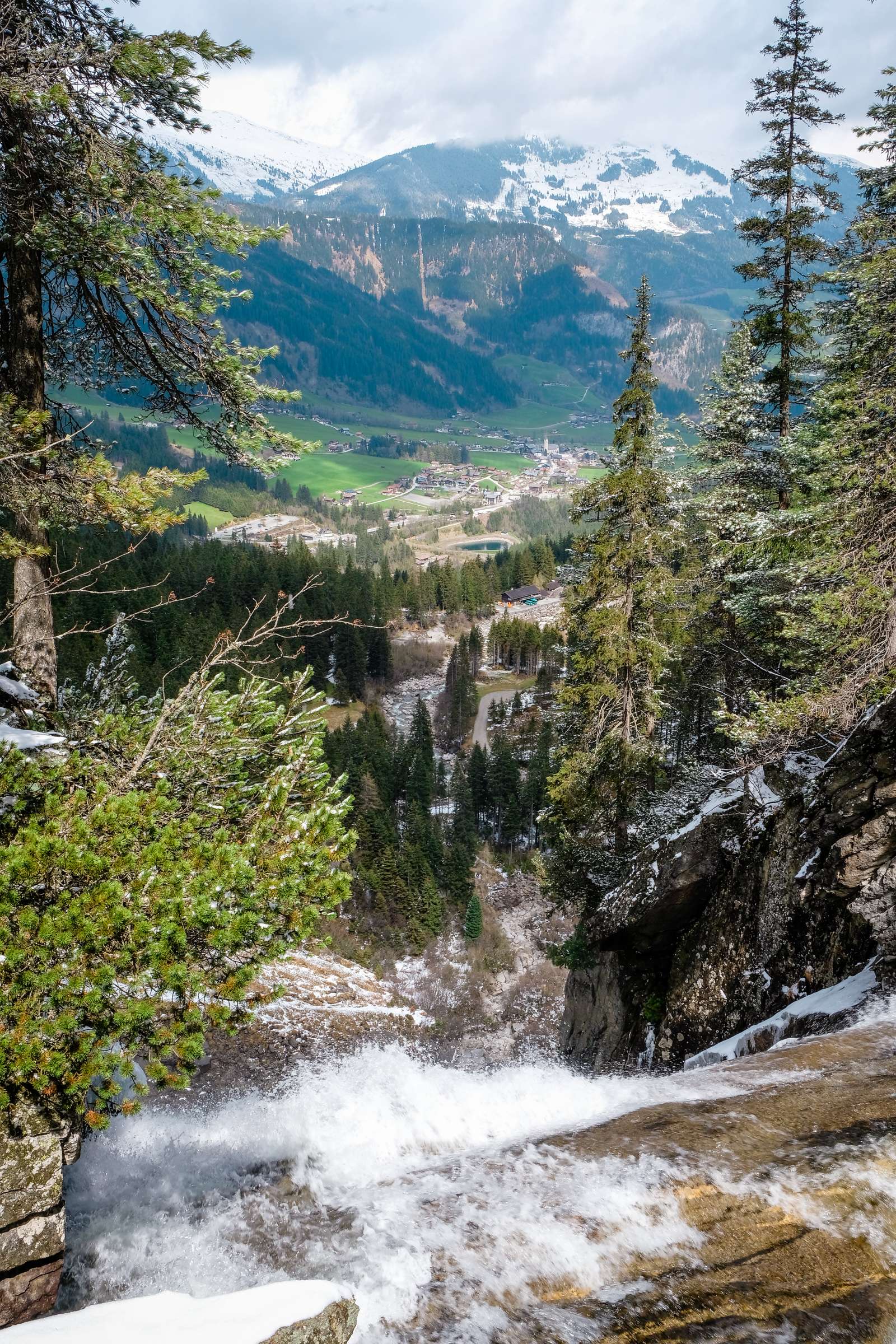 Looking over the top of Krimml waterfalls to the valley below