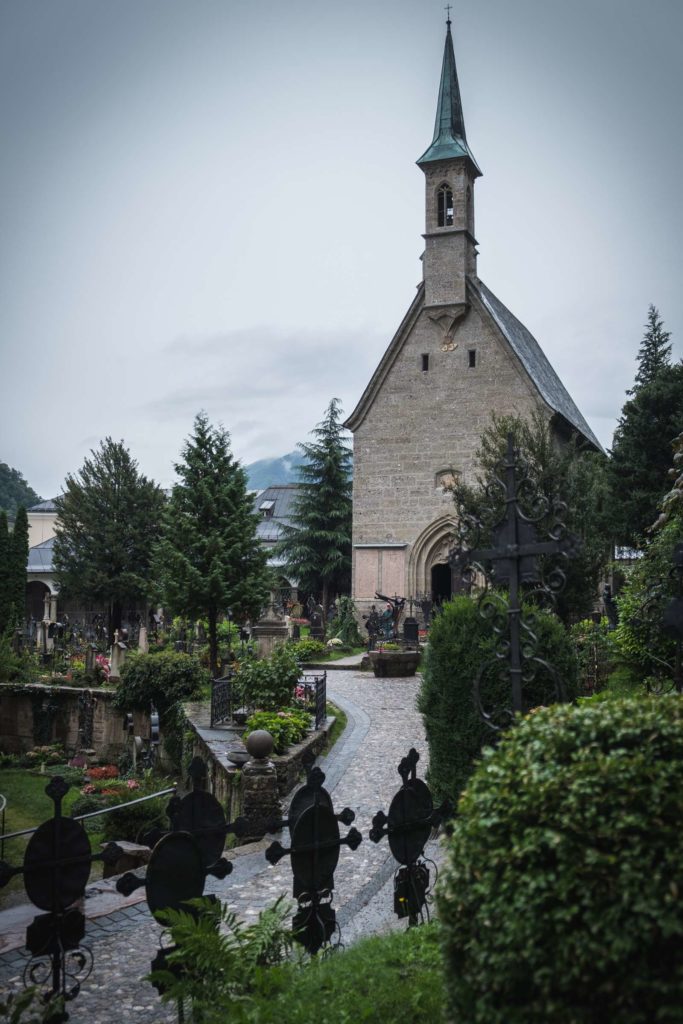 Looking over Petersfriedhof with a church in the background