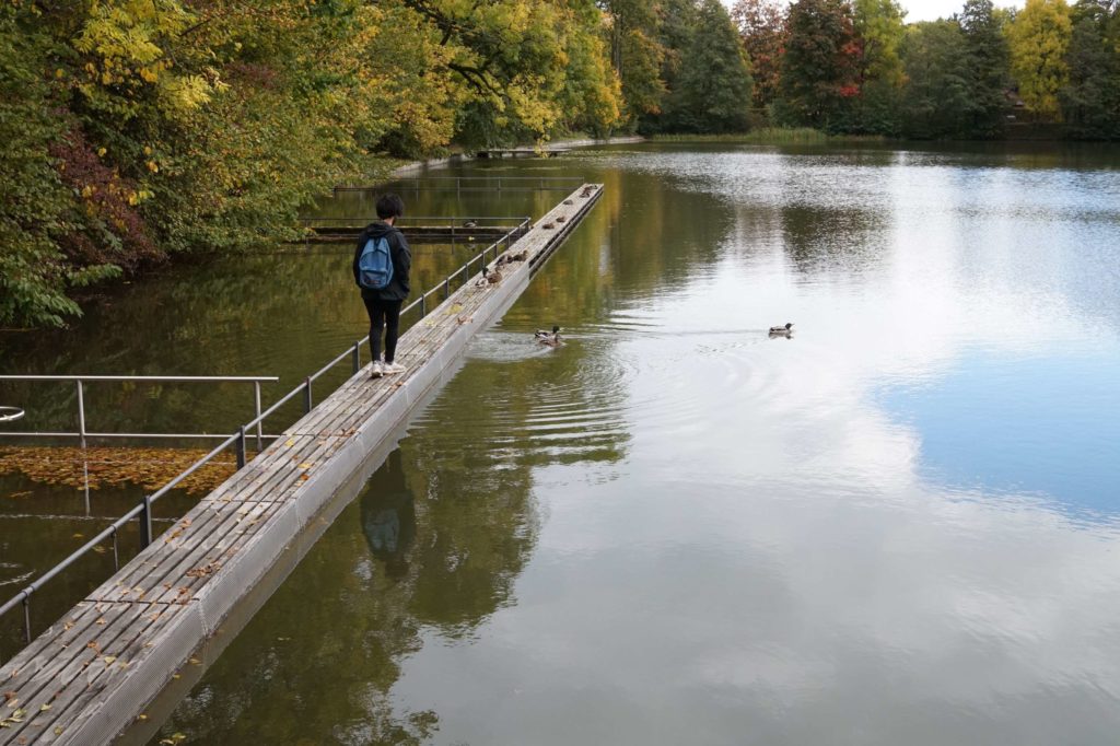 Aydin walking out on a narrow boardwalk at Drei Weieren towards some ducks