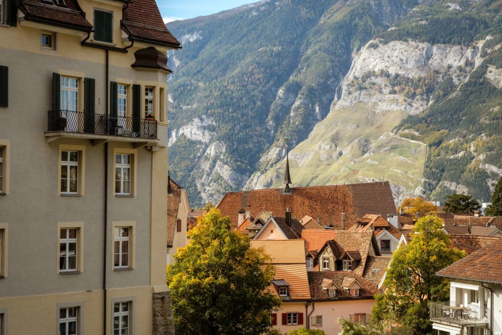 Close up shot of old town Chur with roofs and spires