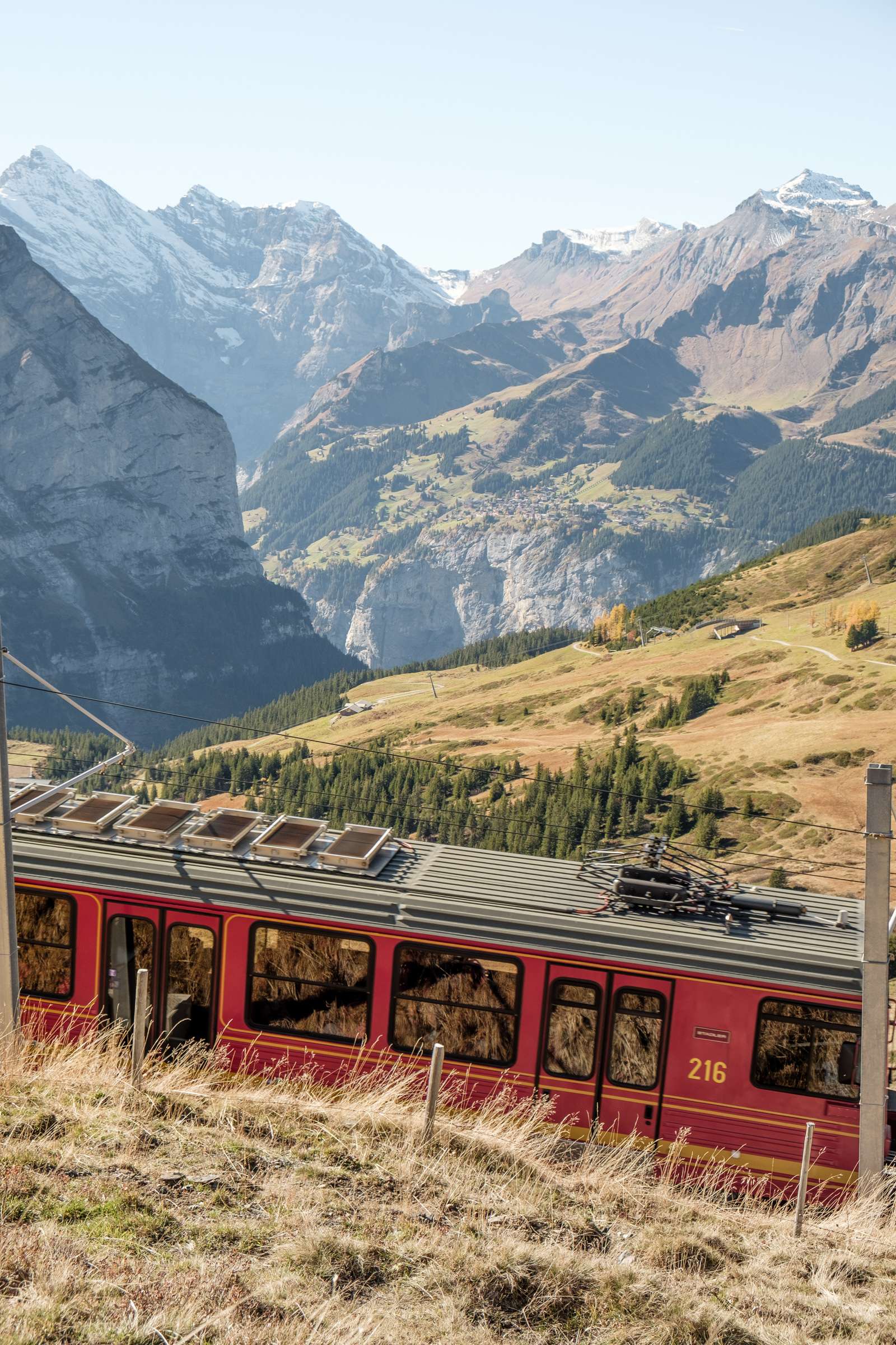 A view of Mürren with the Jungfrau train passing in the foreground