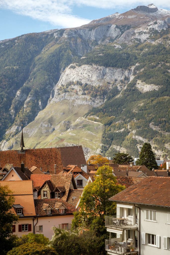 Rooftops of Chur with mountains in the background