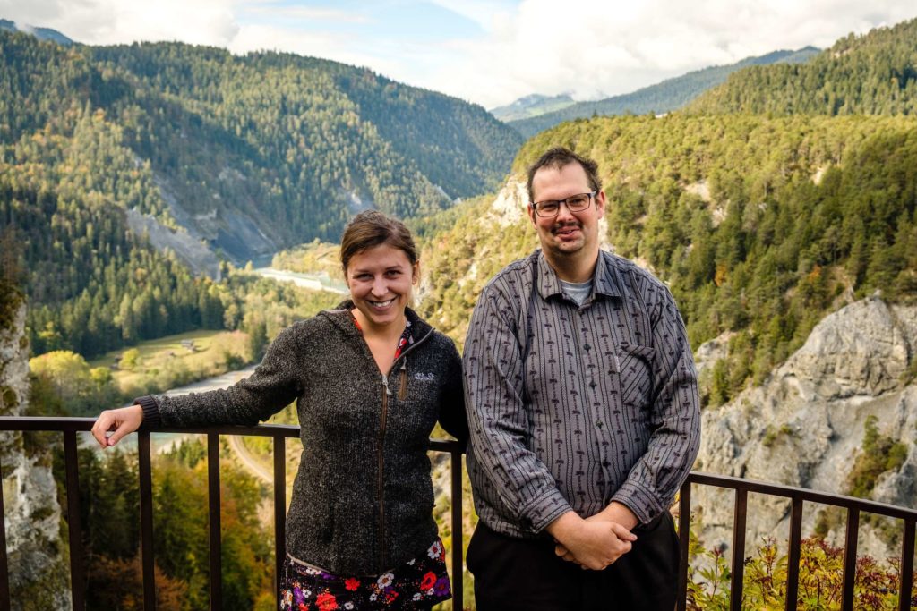 Thomas and Caroline at the Zault observation deck with the Rhine valley in the backgroun