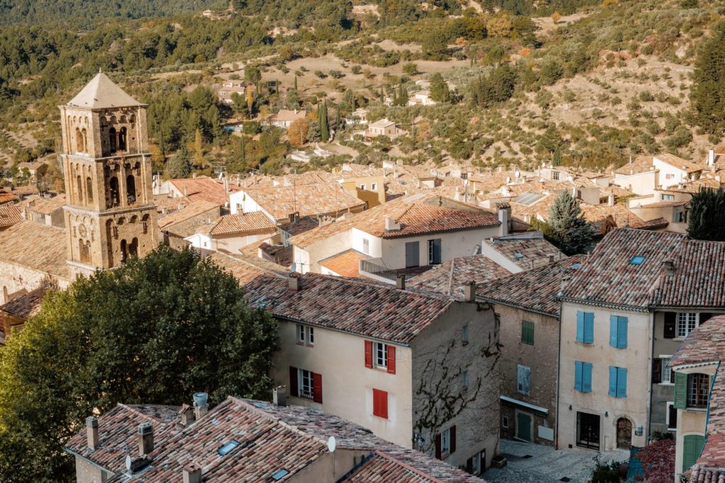 Closeup of Moustiers-Sainte-Marie with church tower