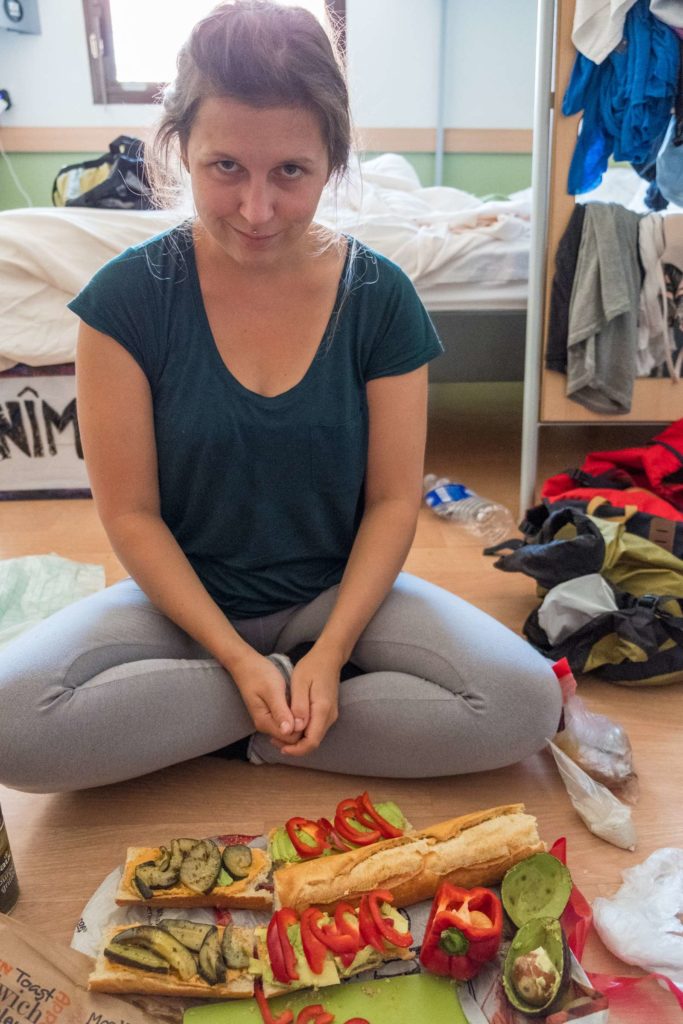 Caroline making sandwiches in Nîmes hotel