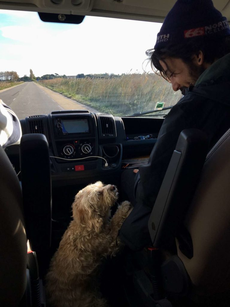 Aydin riding up front in the caravan with Grubie