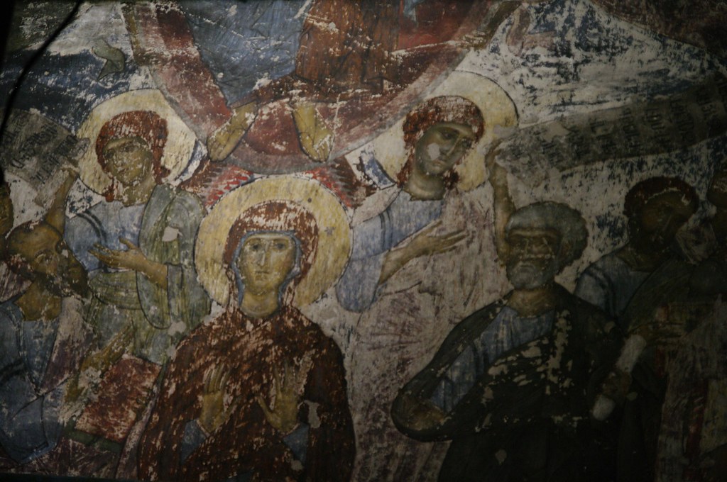 Close-up shot of frescoes in the Church of Assumption, Vardzia