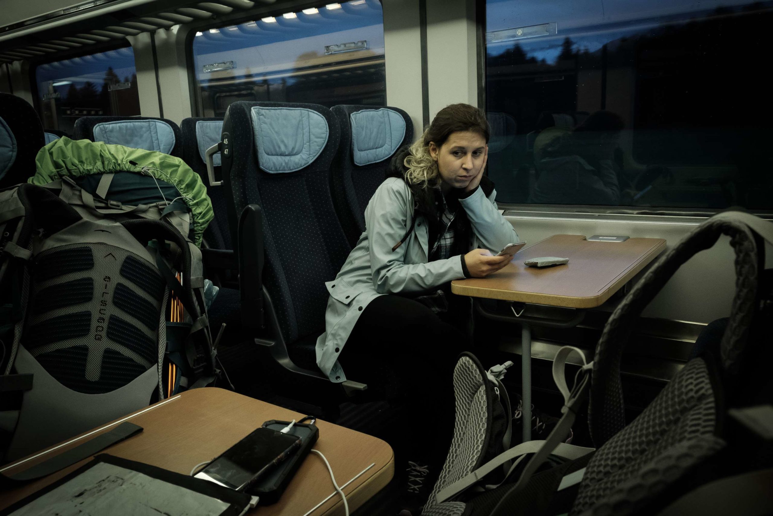 Caroline looking sad on the train to Schladming