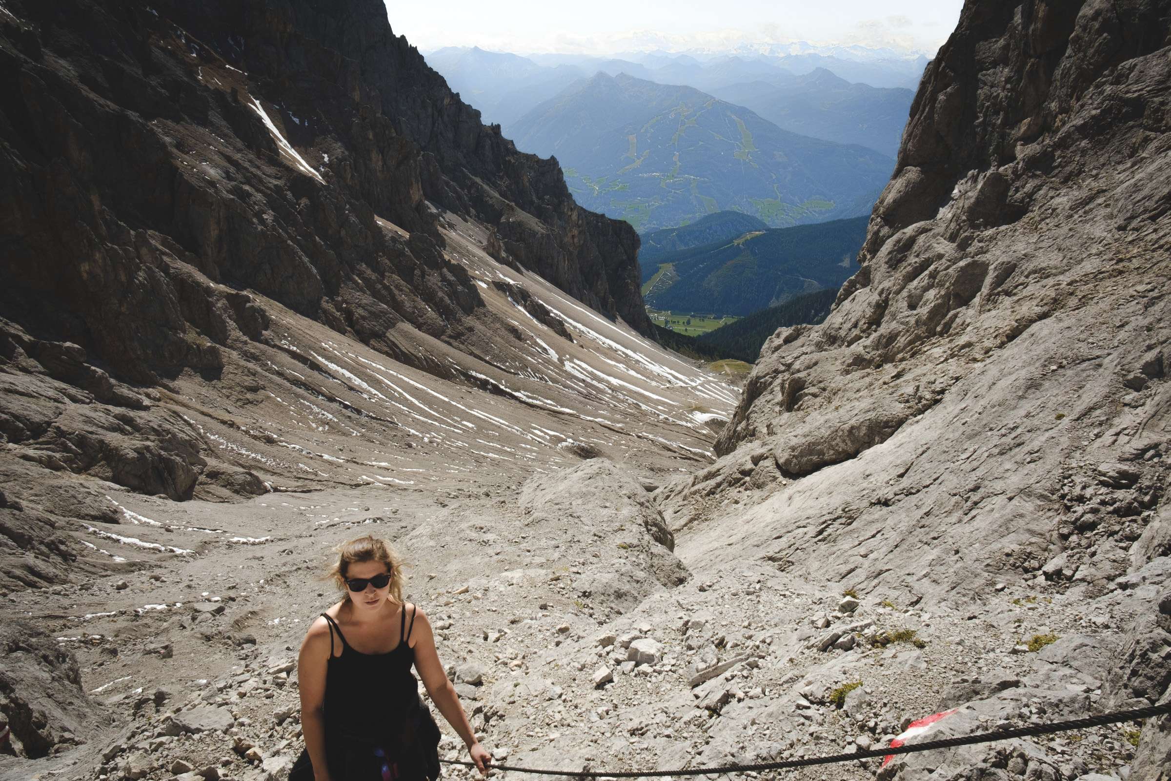 Caroline using guide ropes on Dachstein