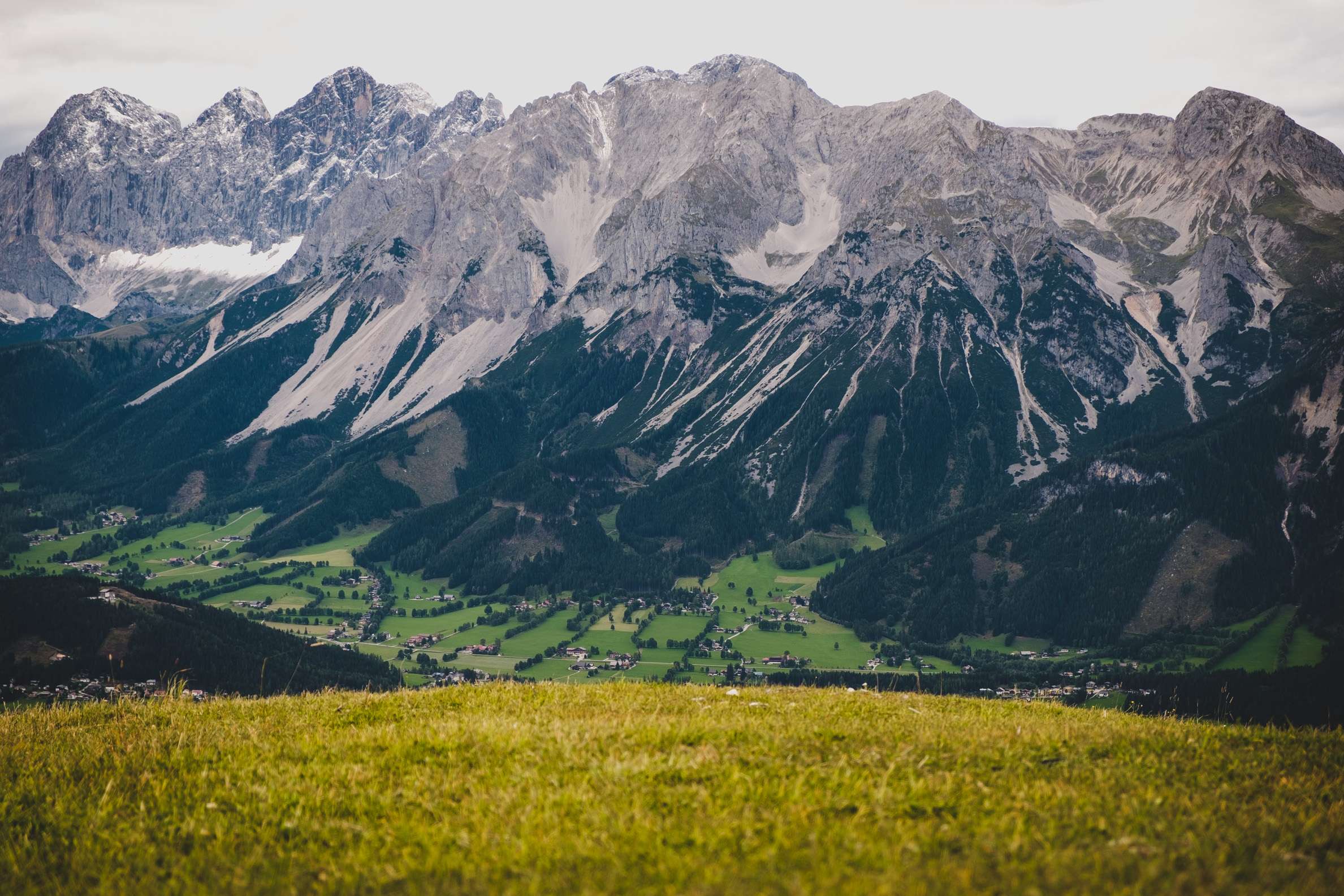 View of the Dachstein mountain range from the top of Planai