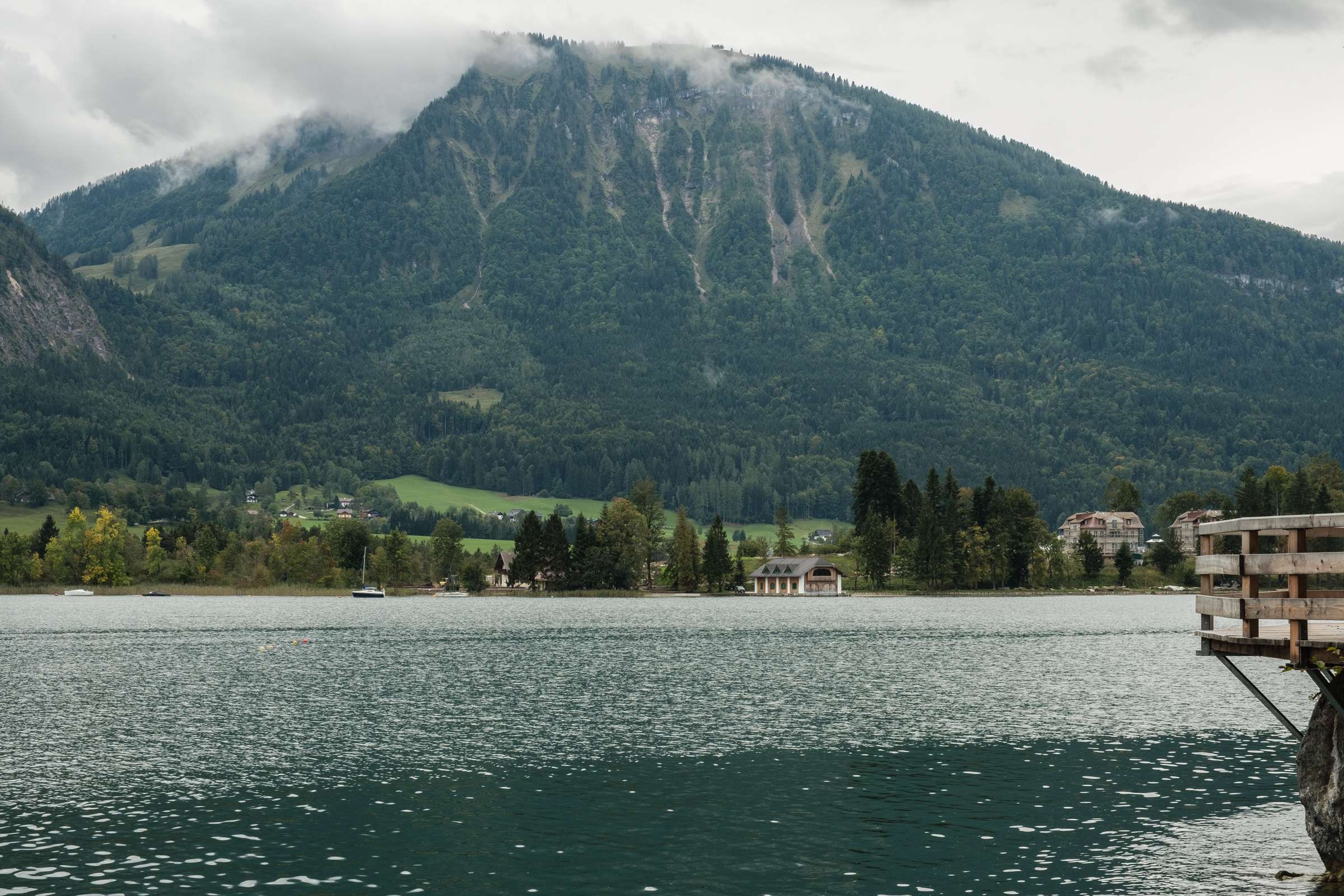 View over Wolfgangsee from the boardwalk with mountains in the background