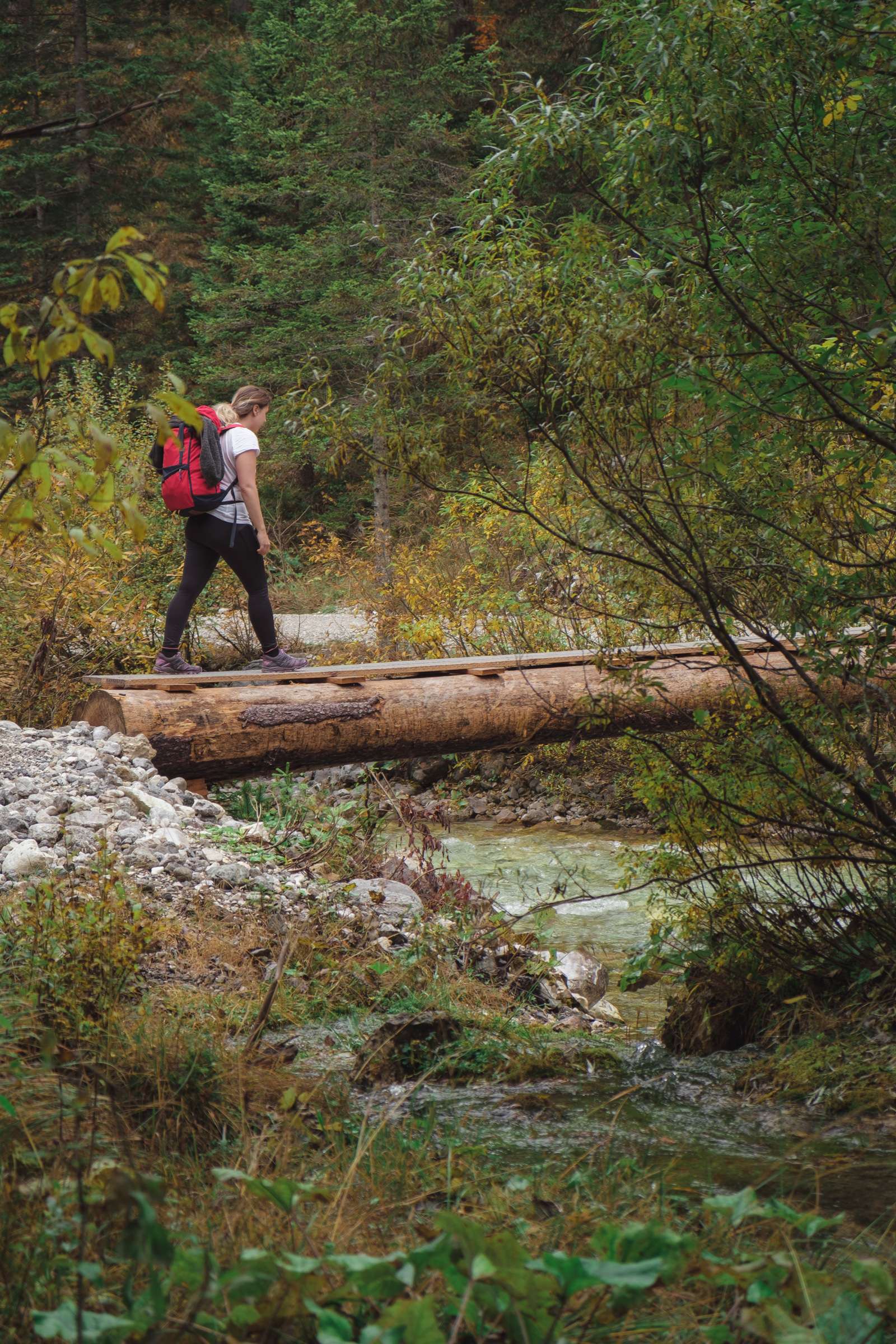 Caroline crossing a wooden bridge that is basically just a tree trunk