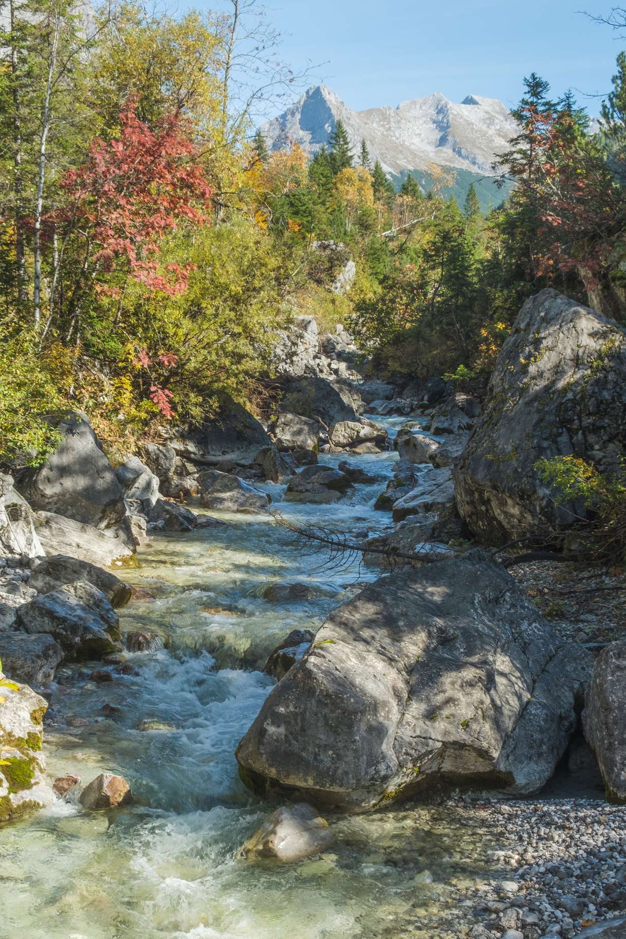 A beautiful river scene in the Karwendel leading to a mountain peak surrounding by colour red, yellow and green trees.