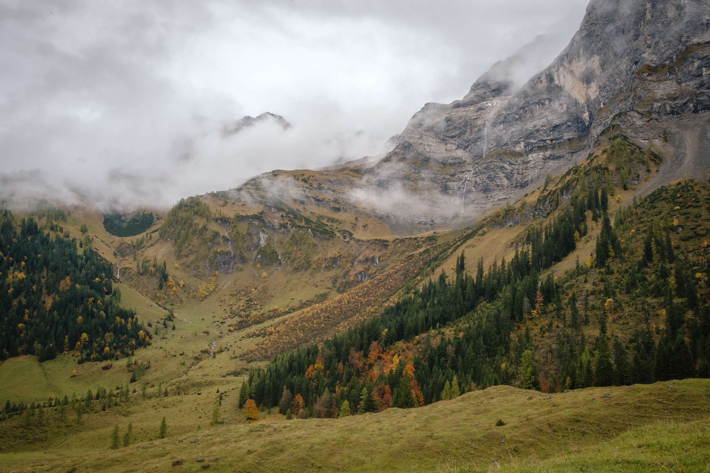 Green pastures and cloudy peaks, waterfalls and forests everywhere in the Karwendel mountains