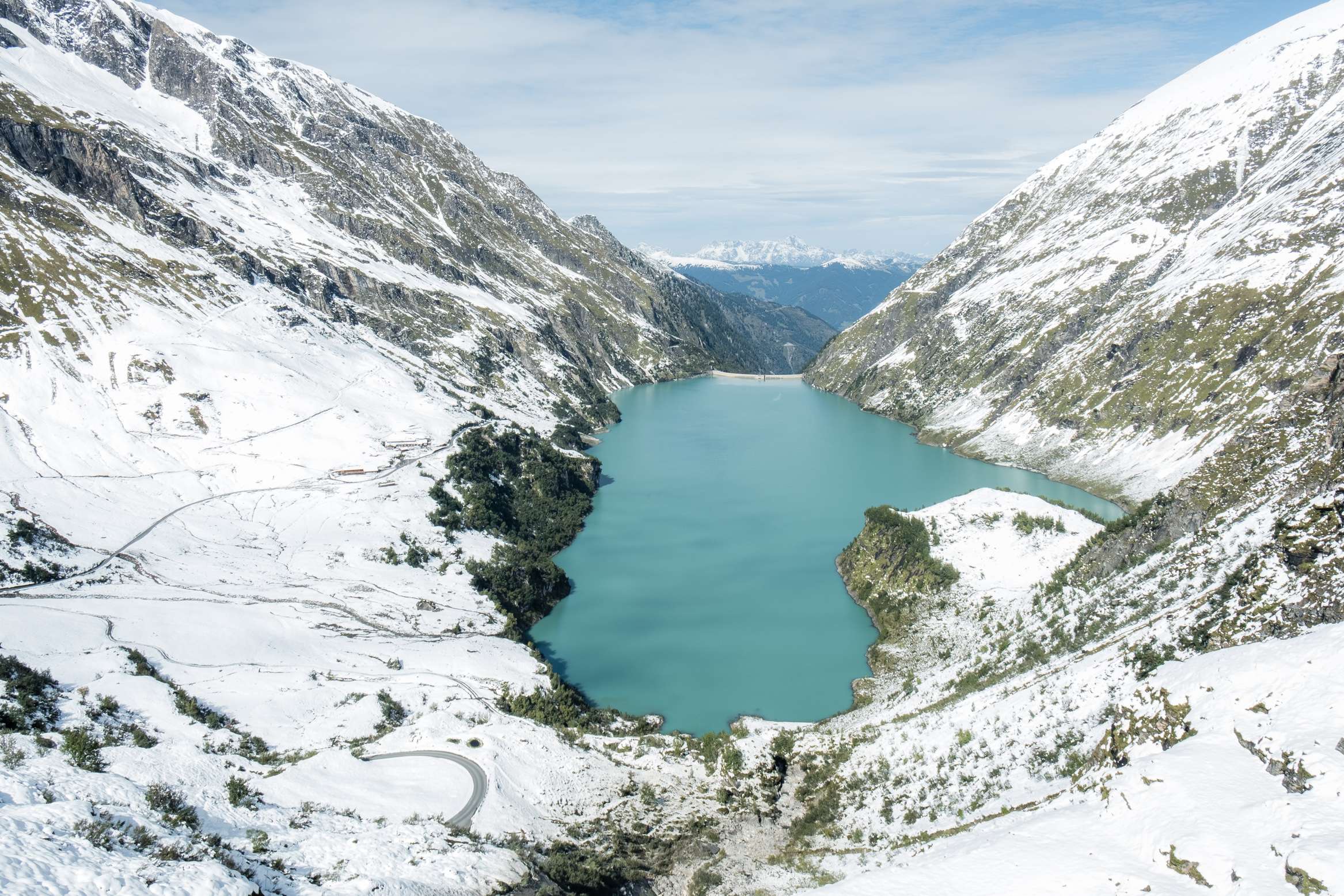 Looking over the full lower reservoir to the valley below