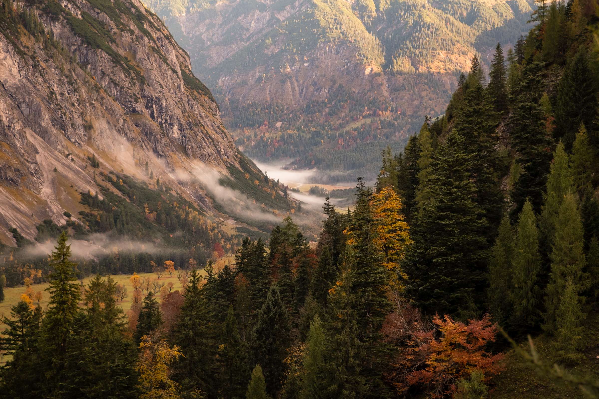 Morning mist floating through the Karwendel valley with soft warm morning light