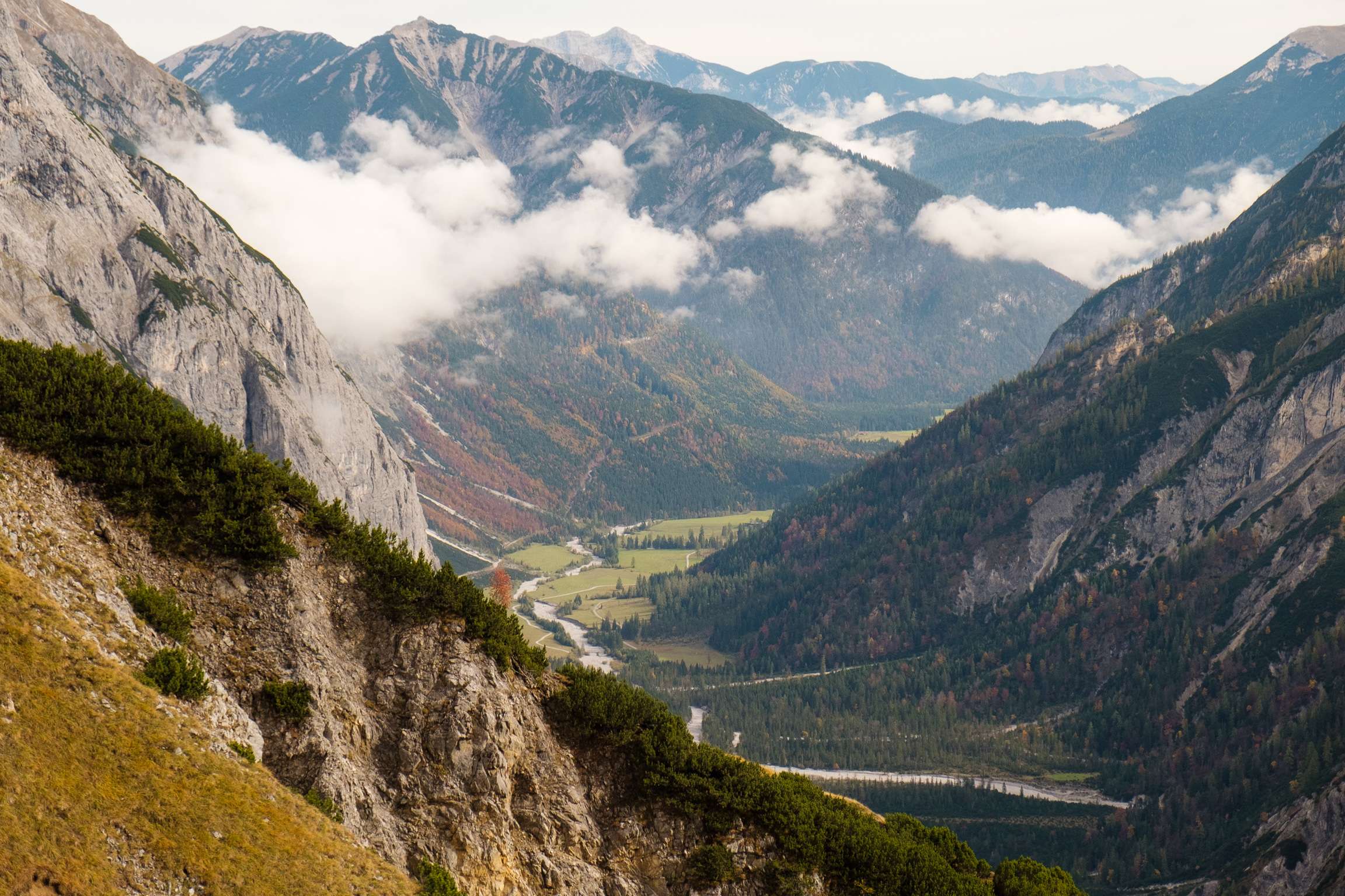 Looking down on a huge open valley in the Karwendel mountains towards Achensee.