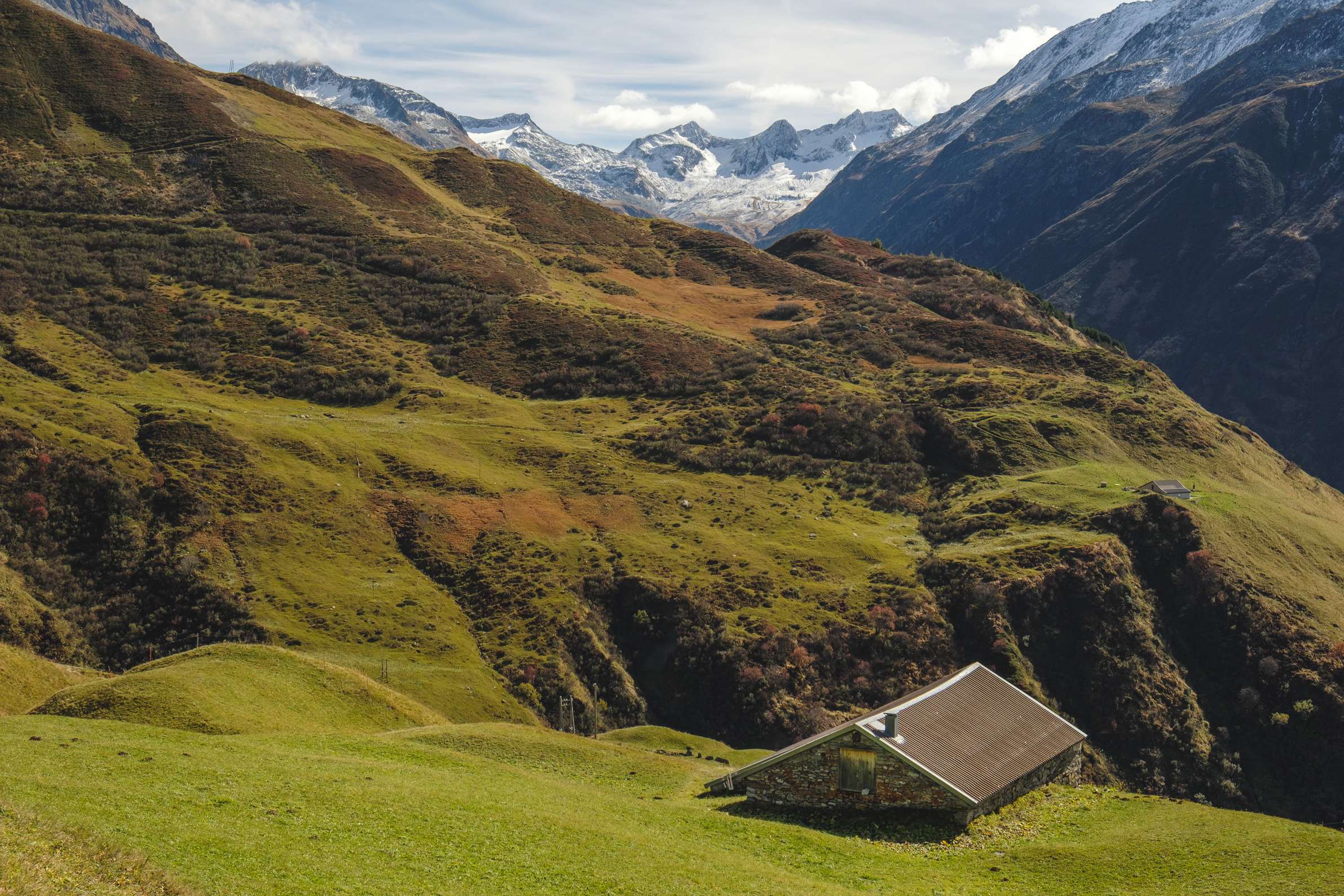 Another perspective on the way down from Oberalppass. Idyllic Switzerland scene. 