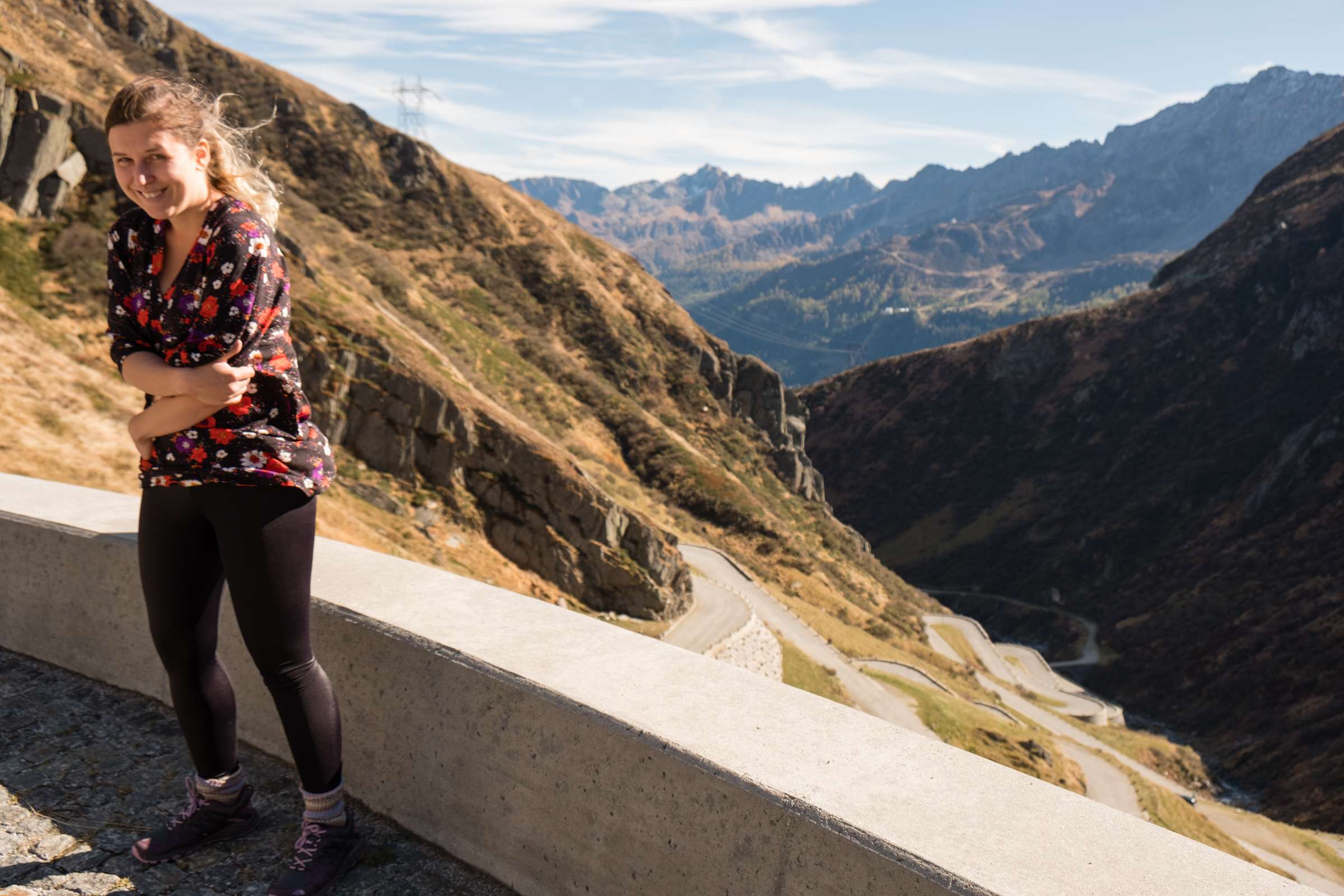 Caroline on the old road on Gotthard Pass