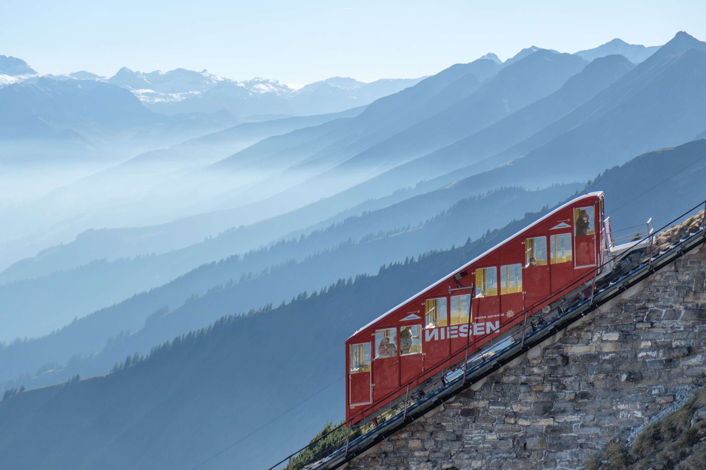 Closeup of the Niesenbahn with mountain slopes in the background