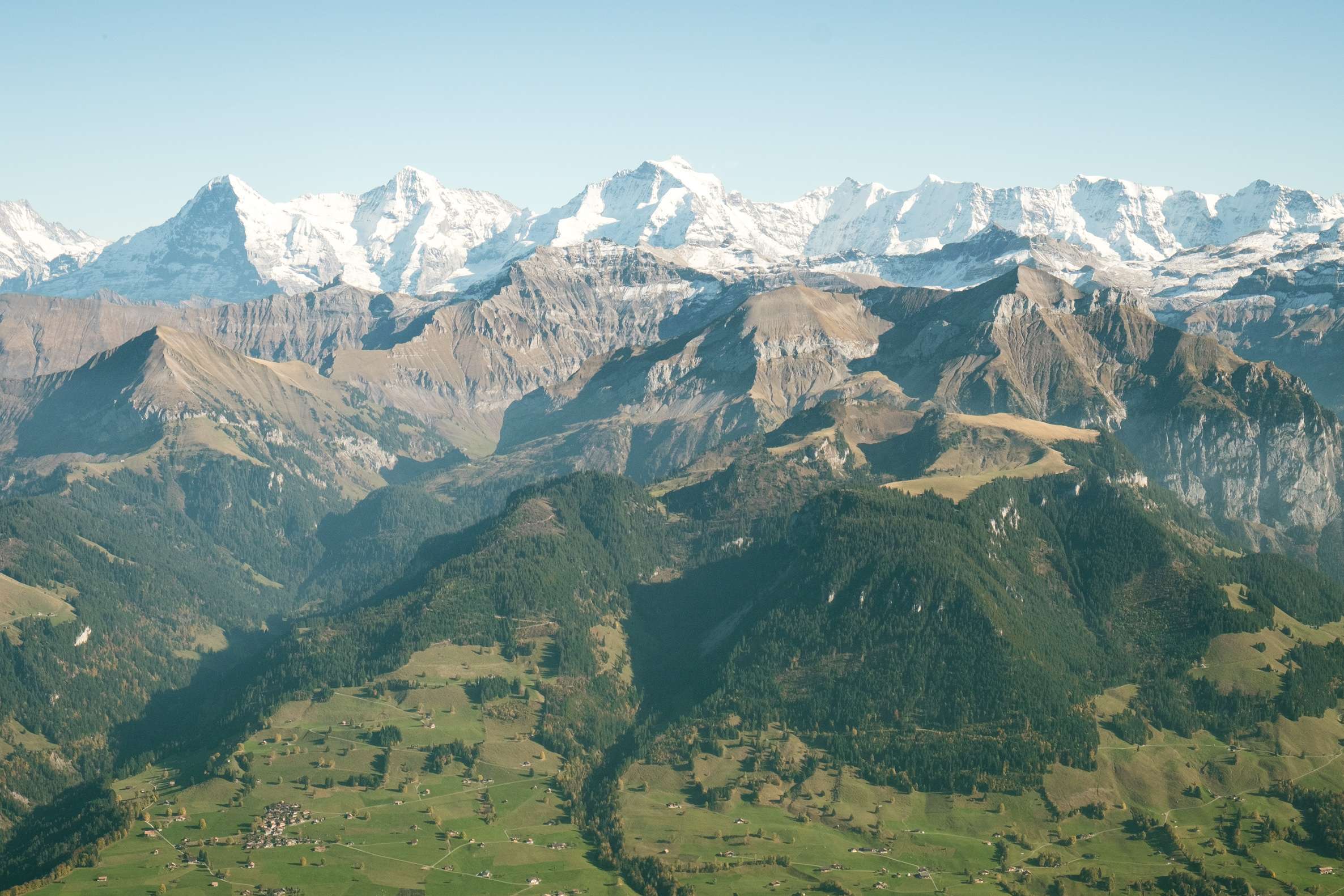 The view of the snow capped Jungfrau peaks from Niesen