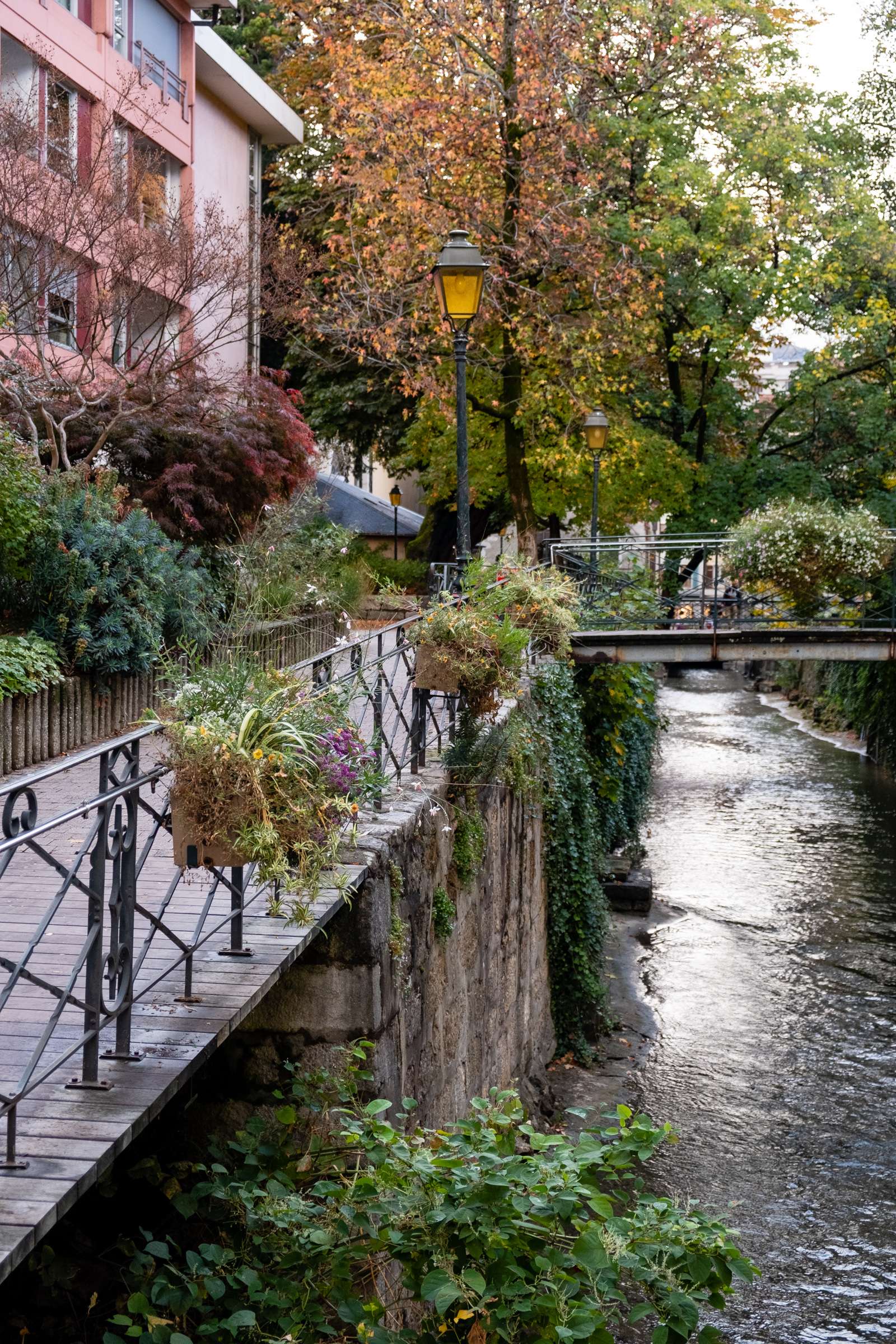 Autumn boardwalk in Annecy with colourful trees