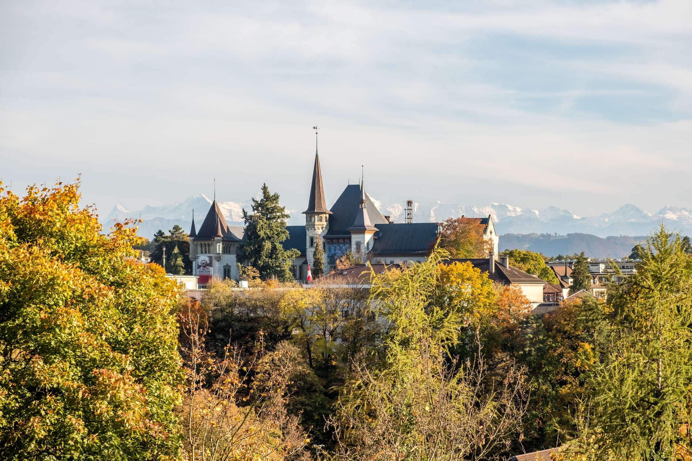 Bern history museum with snowy mountains in the background