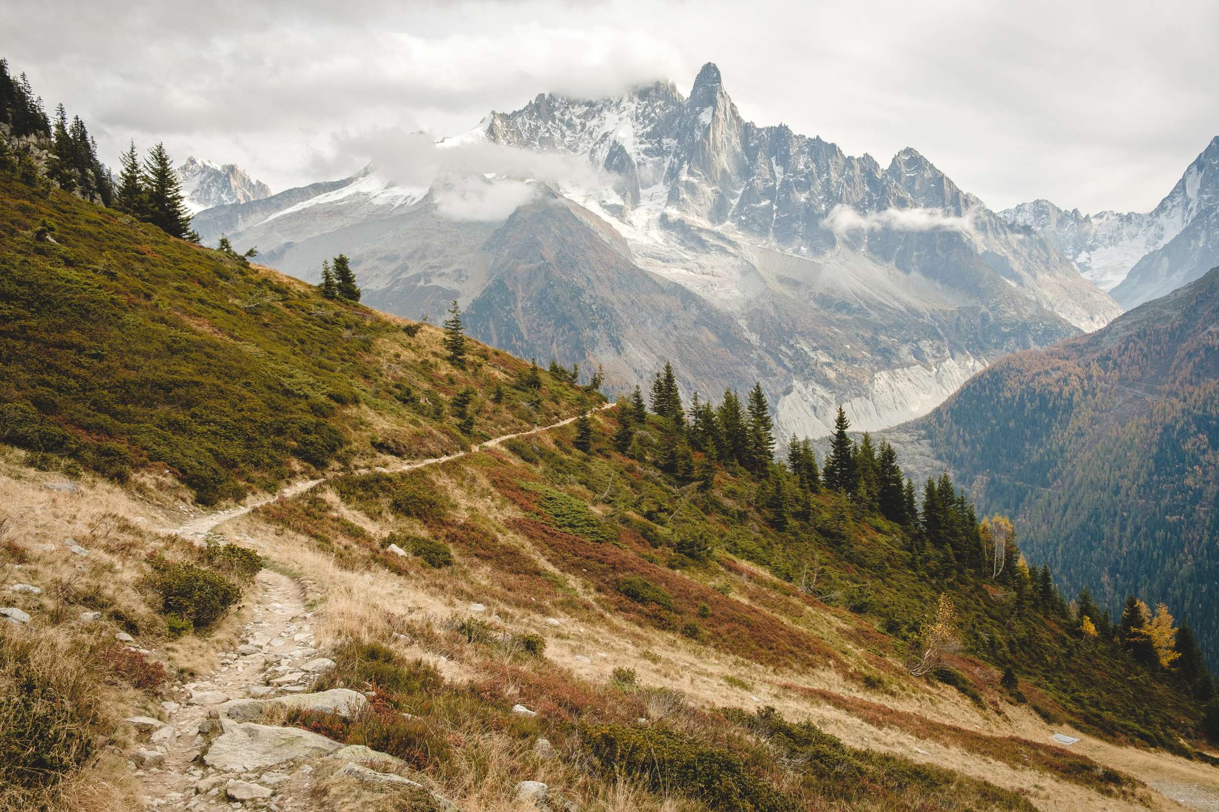 Winding path of the grand south Balcony, towering mountains of Mont Blanc in the background