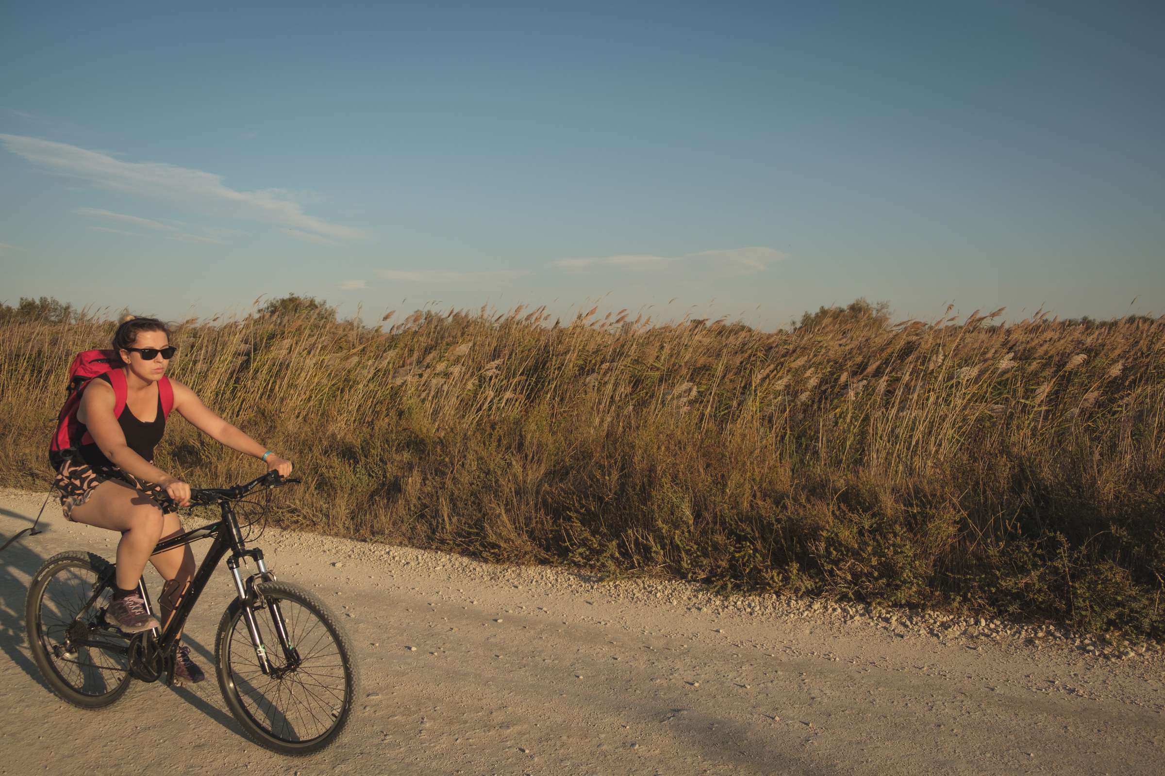 Caroline speeding through the Camargue on her bike