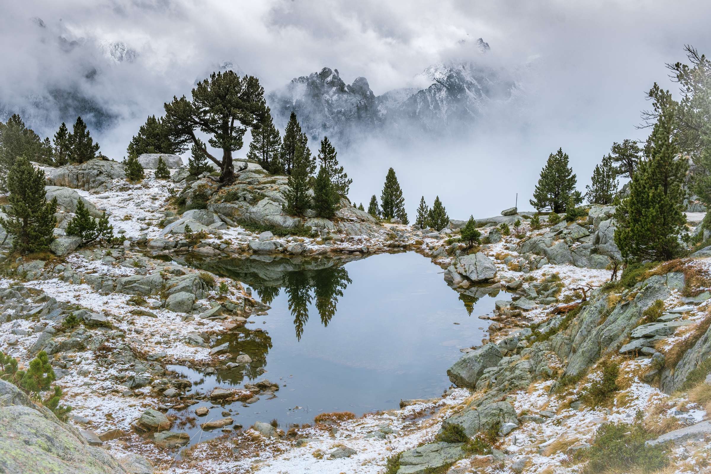 A closeup shot of a small alpine lake in Aigüestortes i Estany of Saint Maurici national park lake reflecting trees, cloudy mountains in background