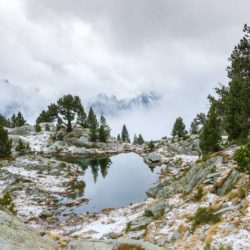 A small alpine lake in Aigüestortes i Estany of Saint Maurici national park lake reflecting trees, cloudy mountains in background