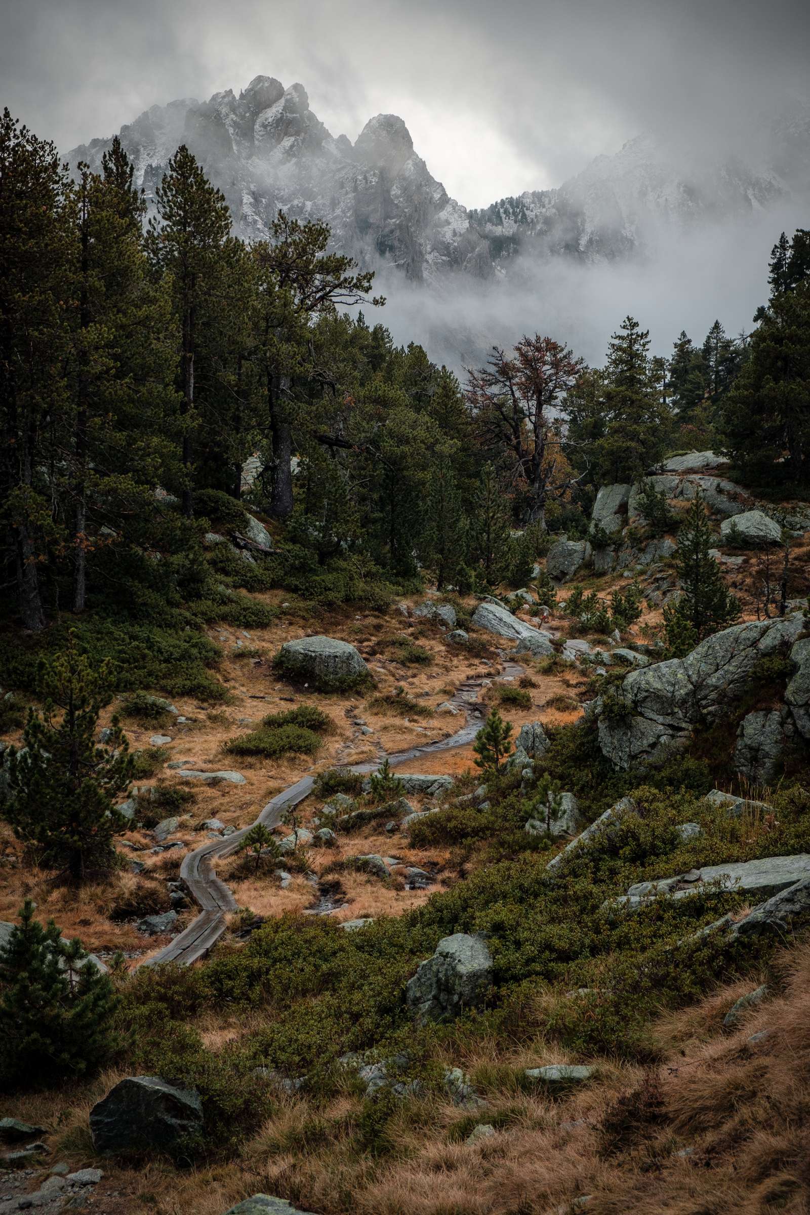 Winding path to cloud covered mountains in Aigüestortes i Estany of Saint Maurici national park