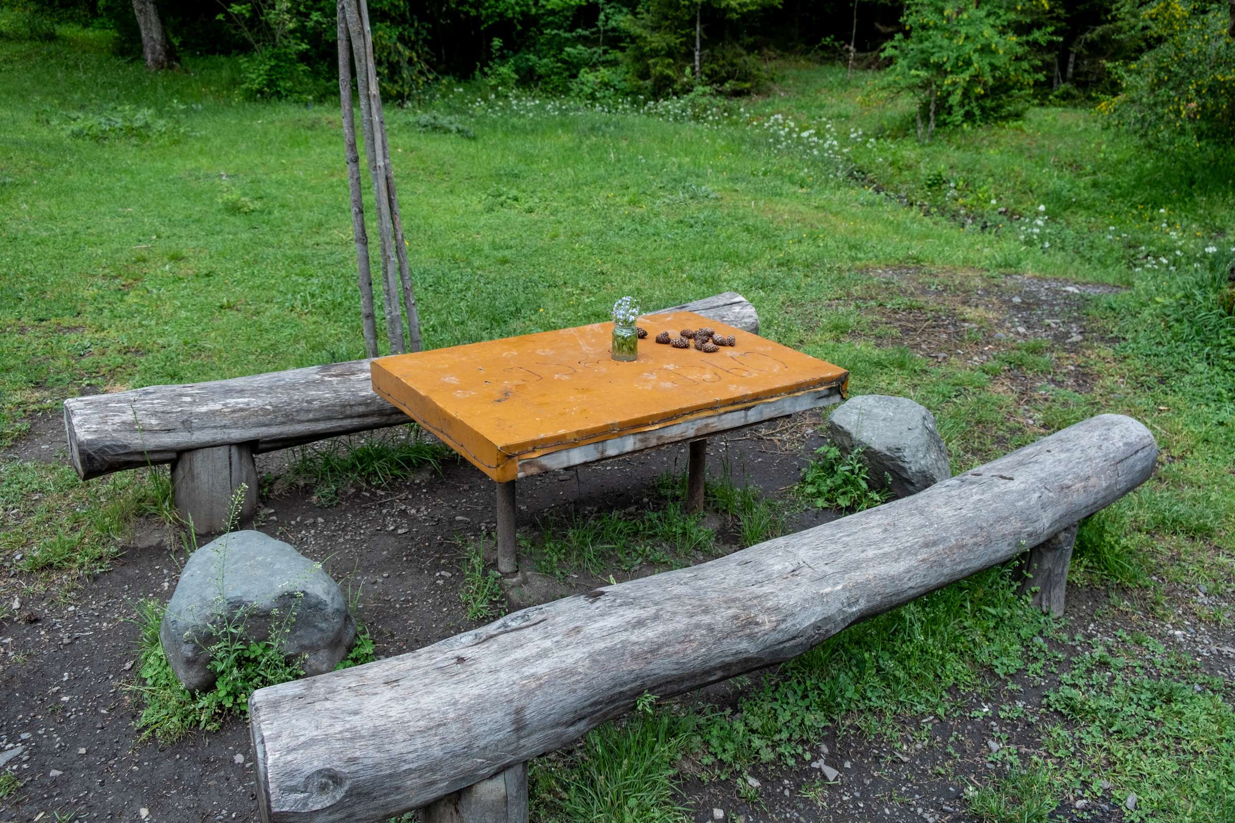 A cute picnic area with a table and benches on the footprint trail in Borjomi National Park