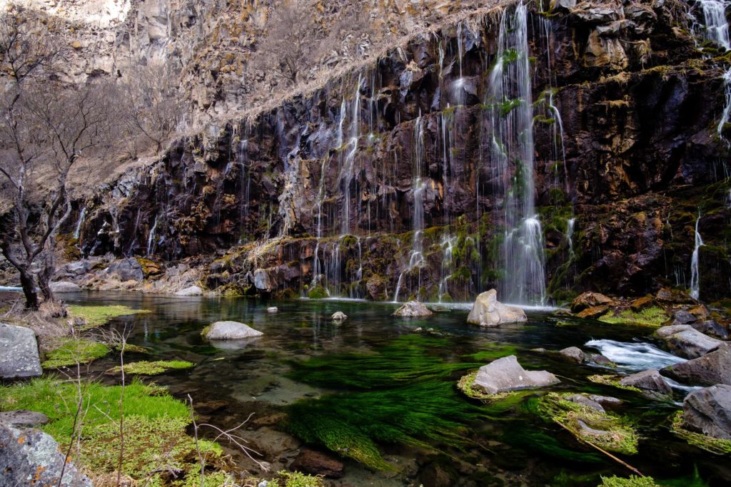 Dashbashi waterfalls with green mossy water