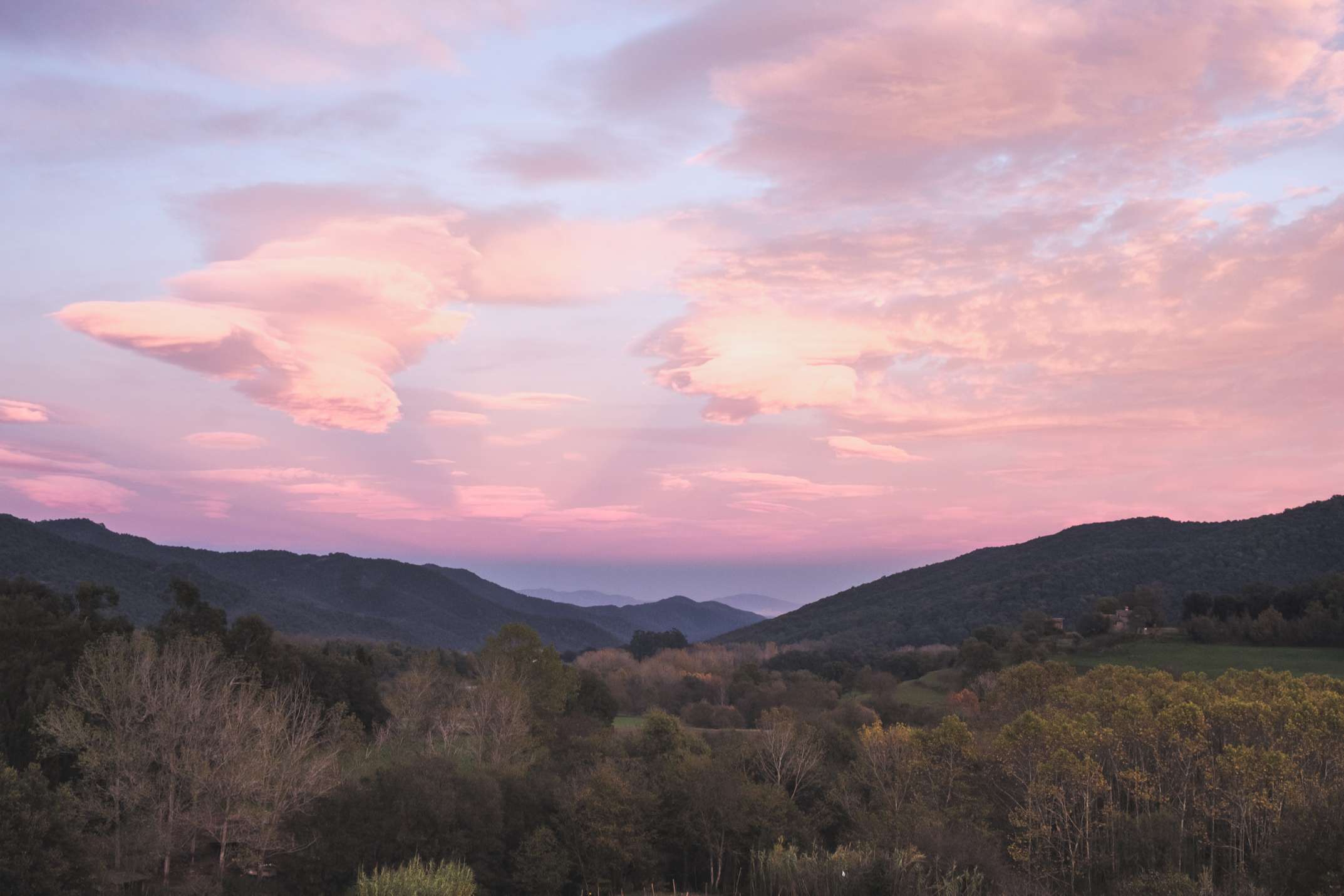 Beautiful pink sunset from Santa Pau, Catalonia