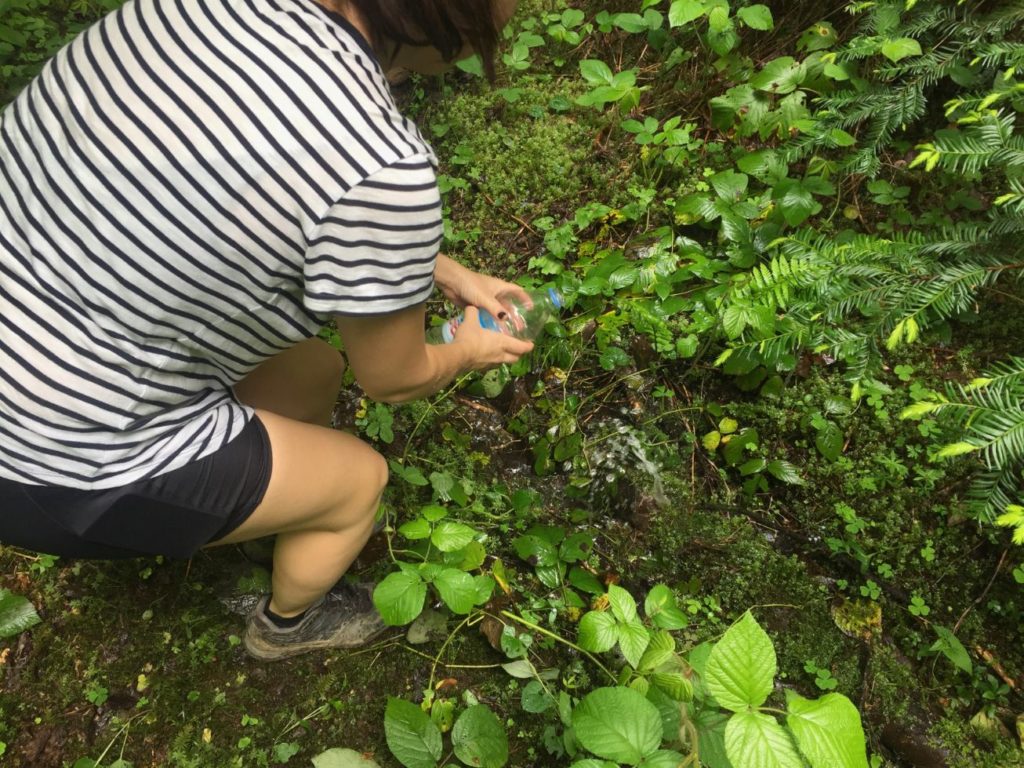 Caroline filling water bottle up from leaking forest pipe