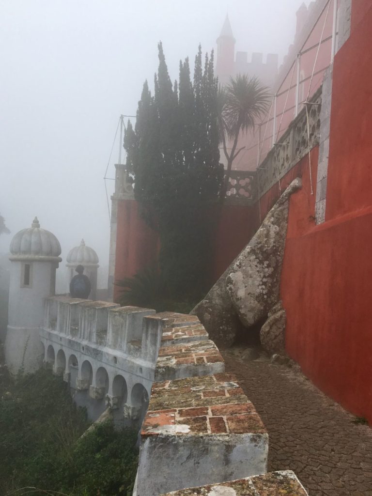 Aydin walking around side of foggy Pena Palace