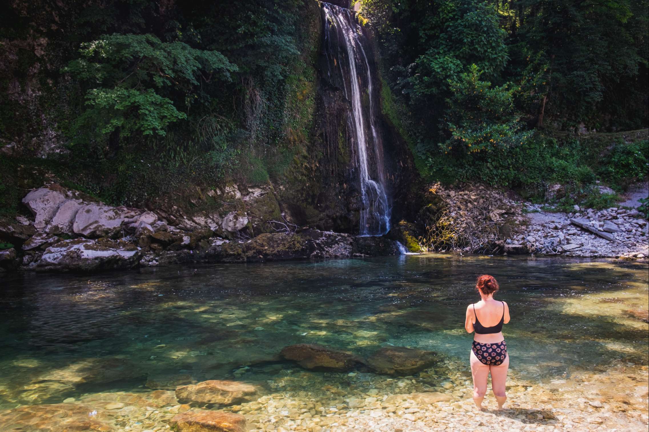 Caroline looking at Abhesi waterfall near Martvili canyon