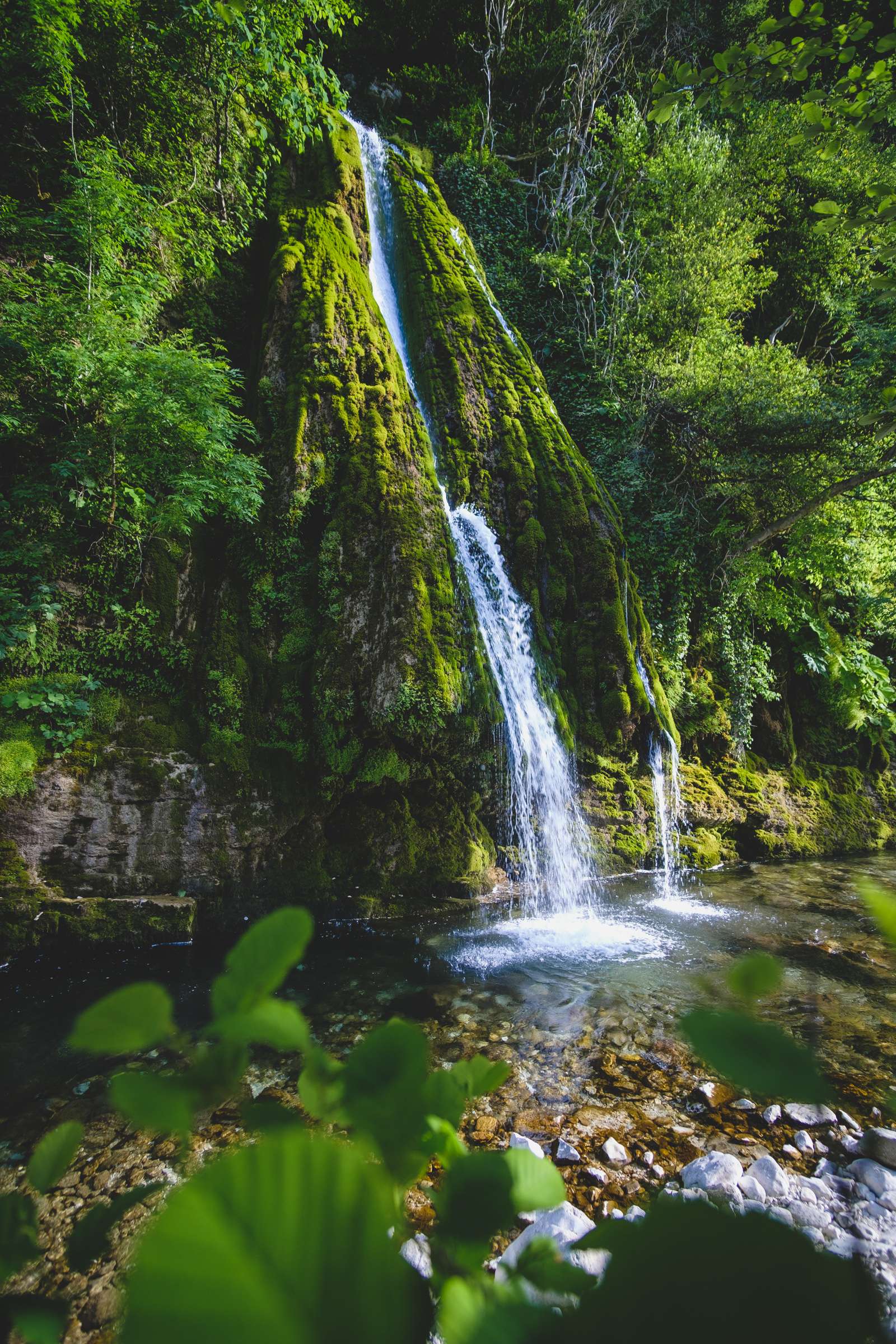 Kaghu waterfall (კაღუს ჩანჩქერი) from the side with leaves in front