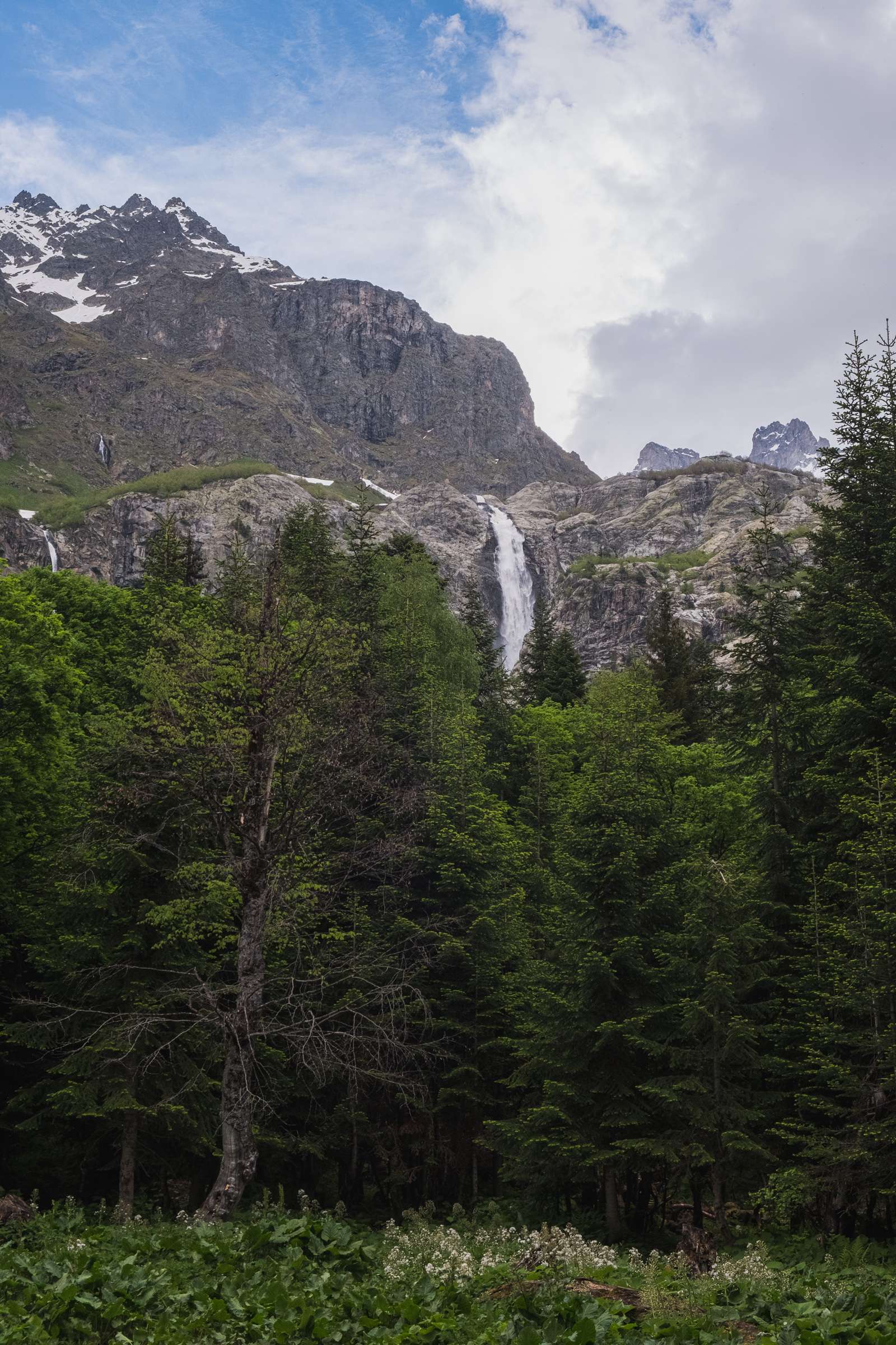 Shdugra waterfall in Svaneti from a distance