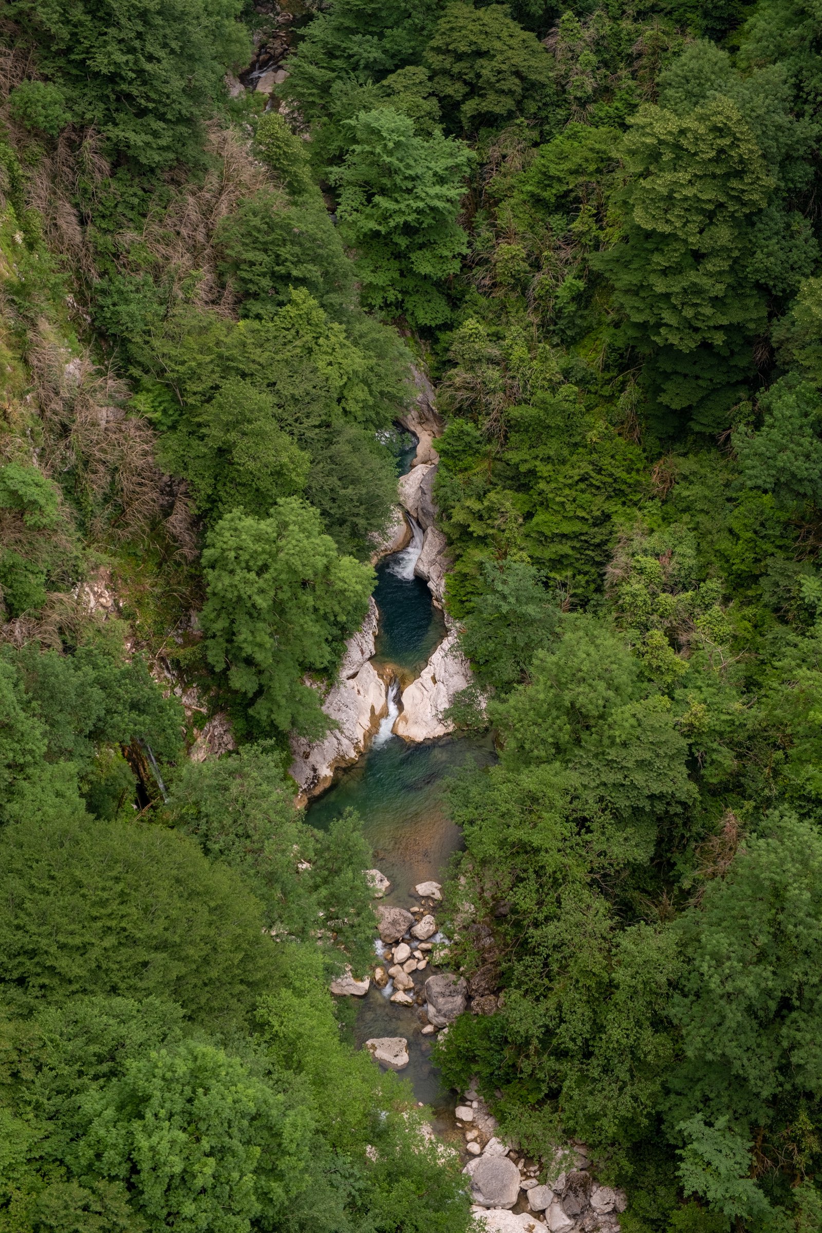 Close up of Okatse river inside the canyon from the viewing platform