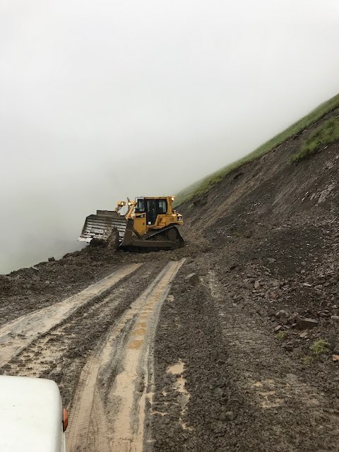 A digger trying to smooth the broken road for us on the way out from Shatili, Georgia, Datvisjvari pass