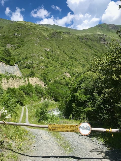 A police barrier in Shatili protecting the border post along the Georgian Russian border