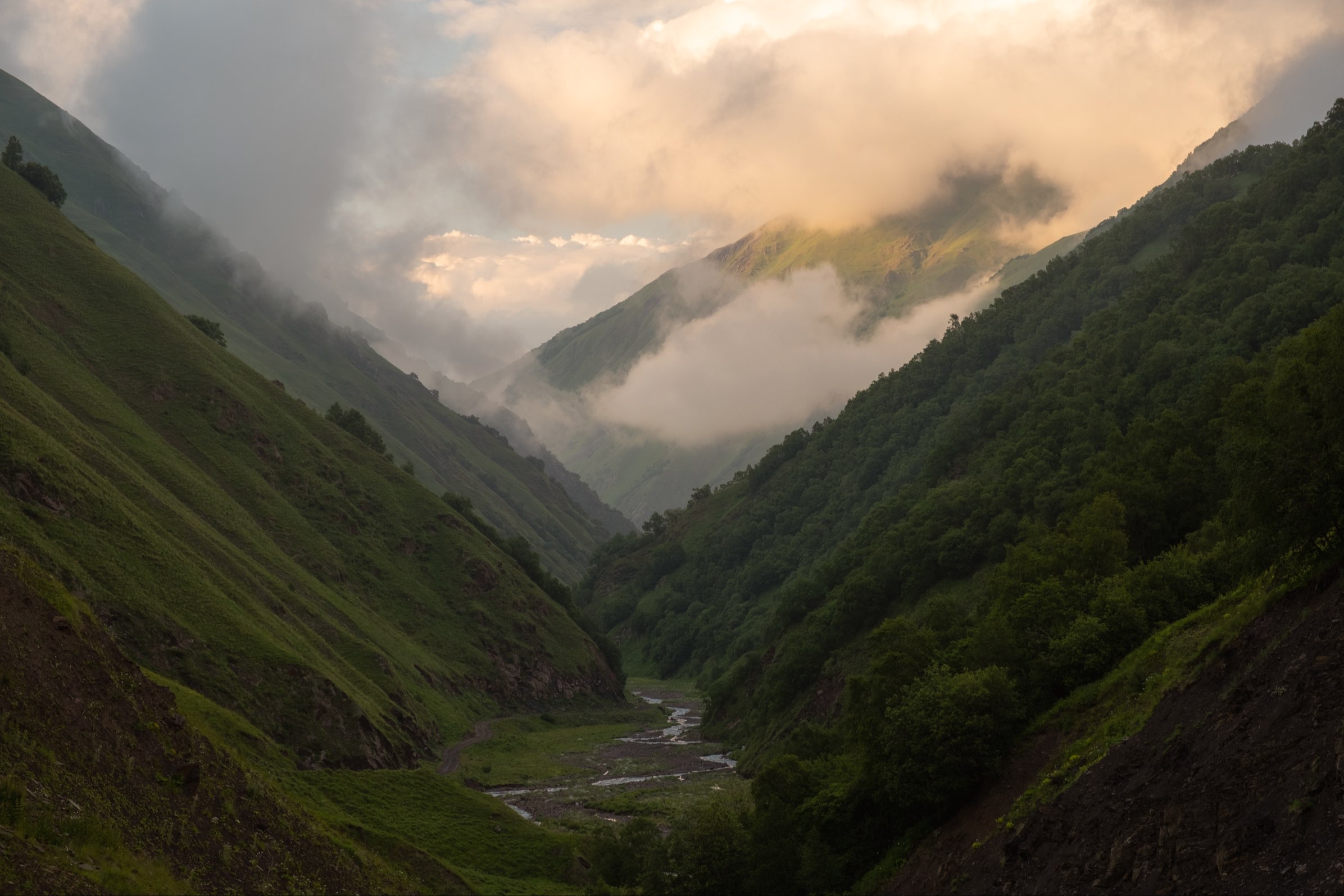 Sunset in the Arghuni gorge near Shatili, at the foot of Datvisjvari pass