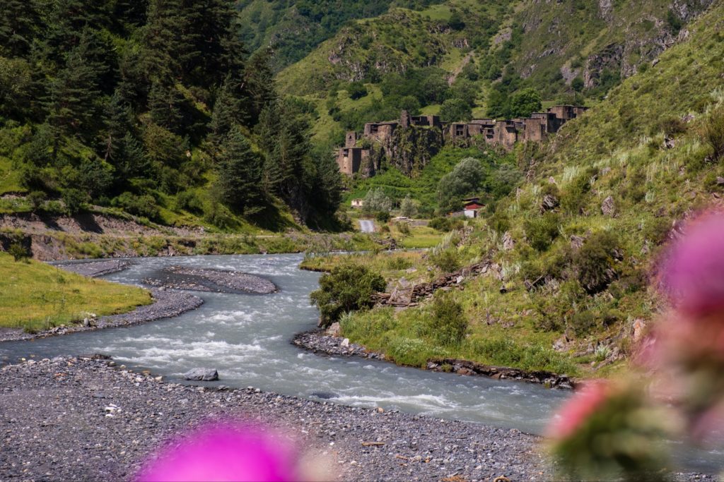 The ancient medieval village of Shatili, Khevsureti and glacial Arghuni river