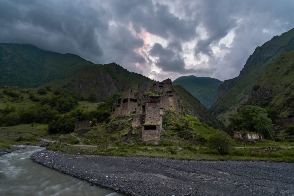 The ancient medieval village of Shatili, Khevsureti at sunset