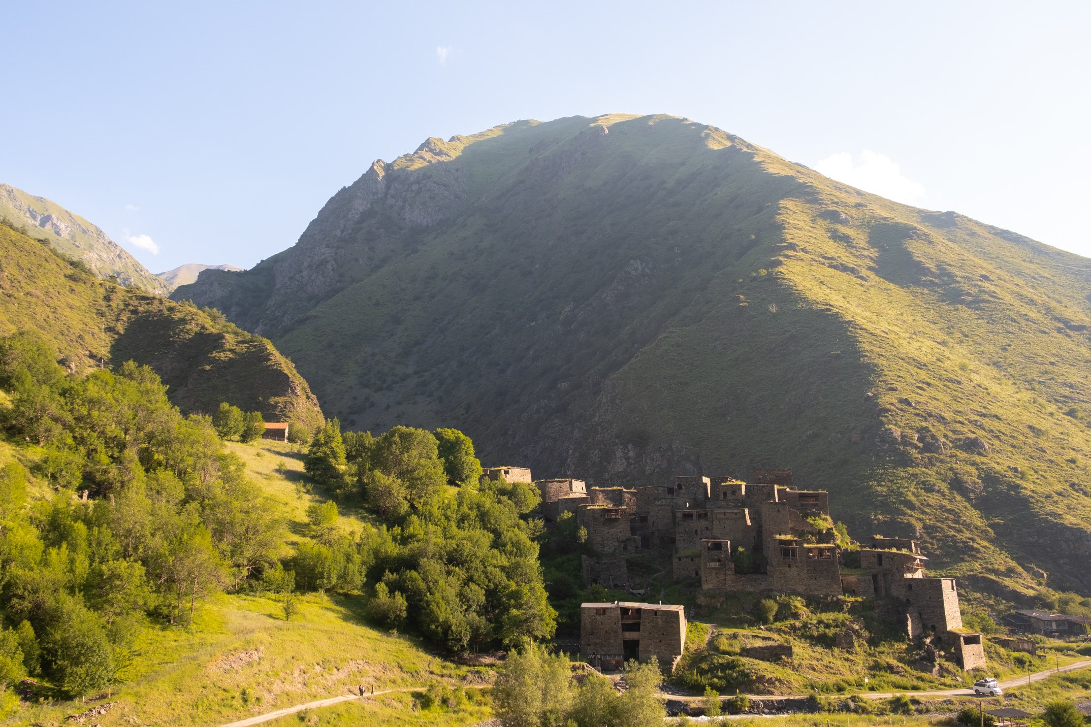 The ancient medieval village of Shatili, Khevsureti flanked by mountain peaks