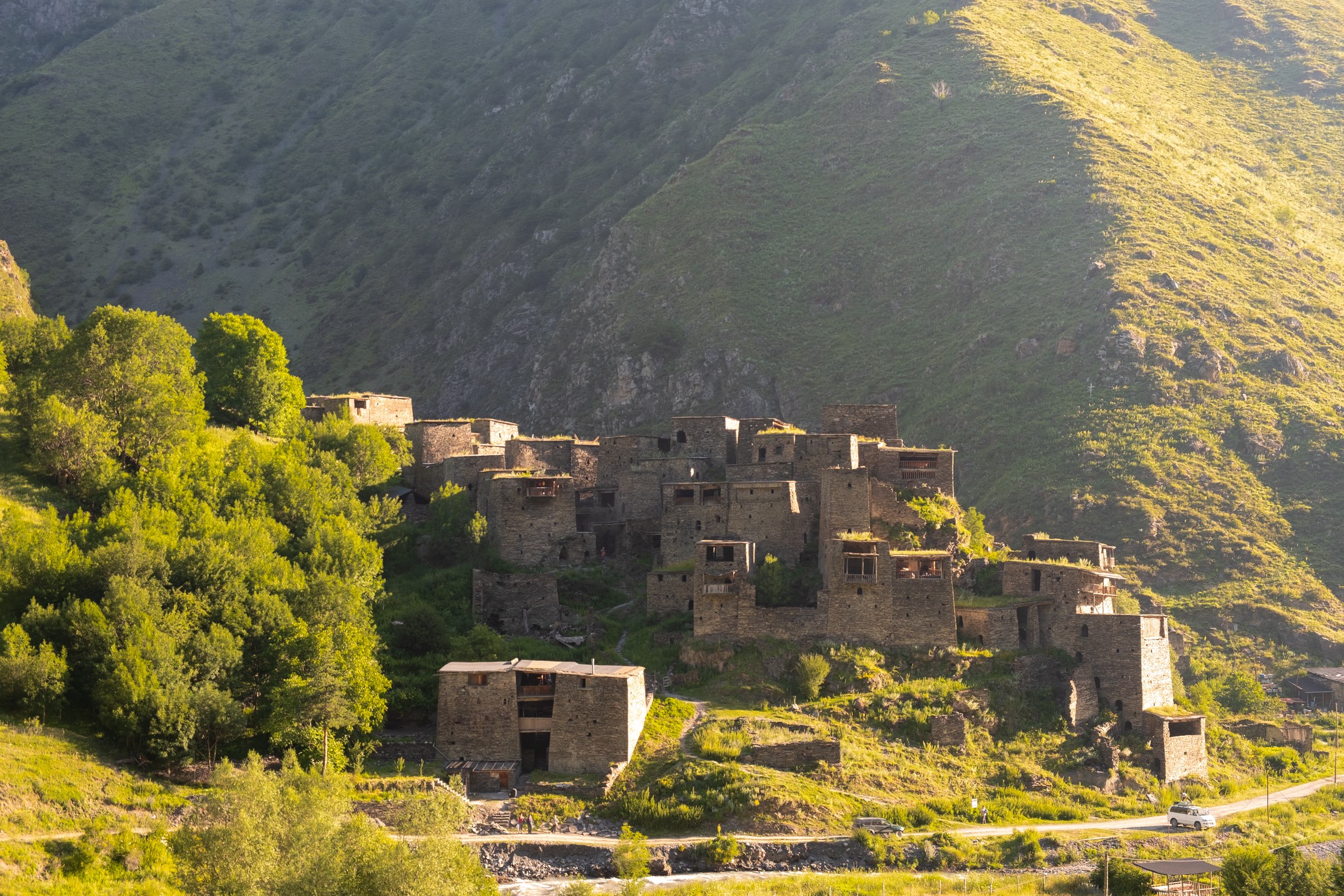 The ancient medieval village of Shatili, Khevsureti glowing in the early morning light